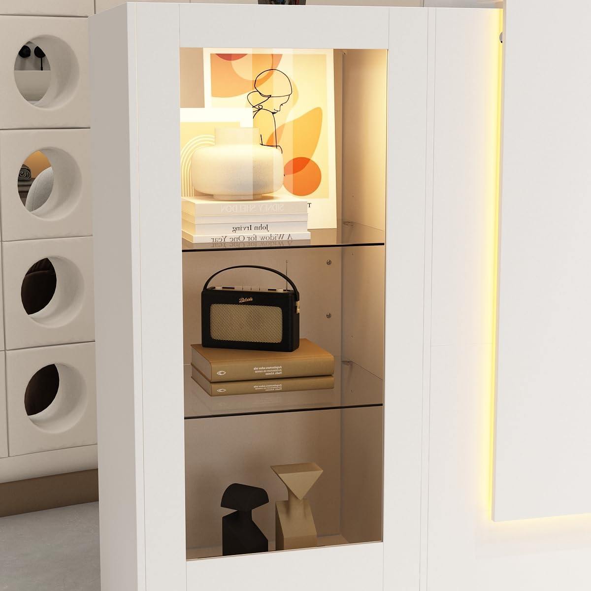 Caldion Empfangstheke mit LED-Beleuchtung,Empfangstresen mit Tatsaturschublade,Rezeptionstheke aus gehärtetem Glas,Empfangstisch mit 2 Schränken,Esszimmer,Büro,Weiß,150x51x103cm