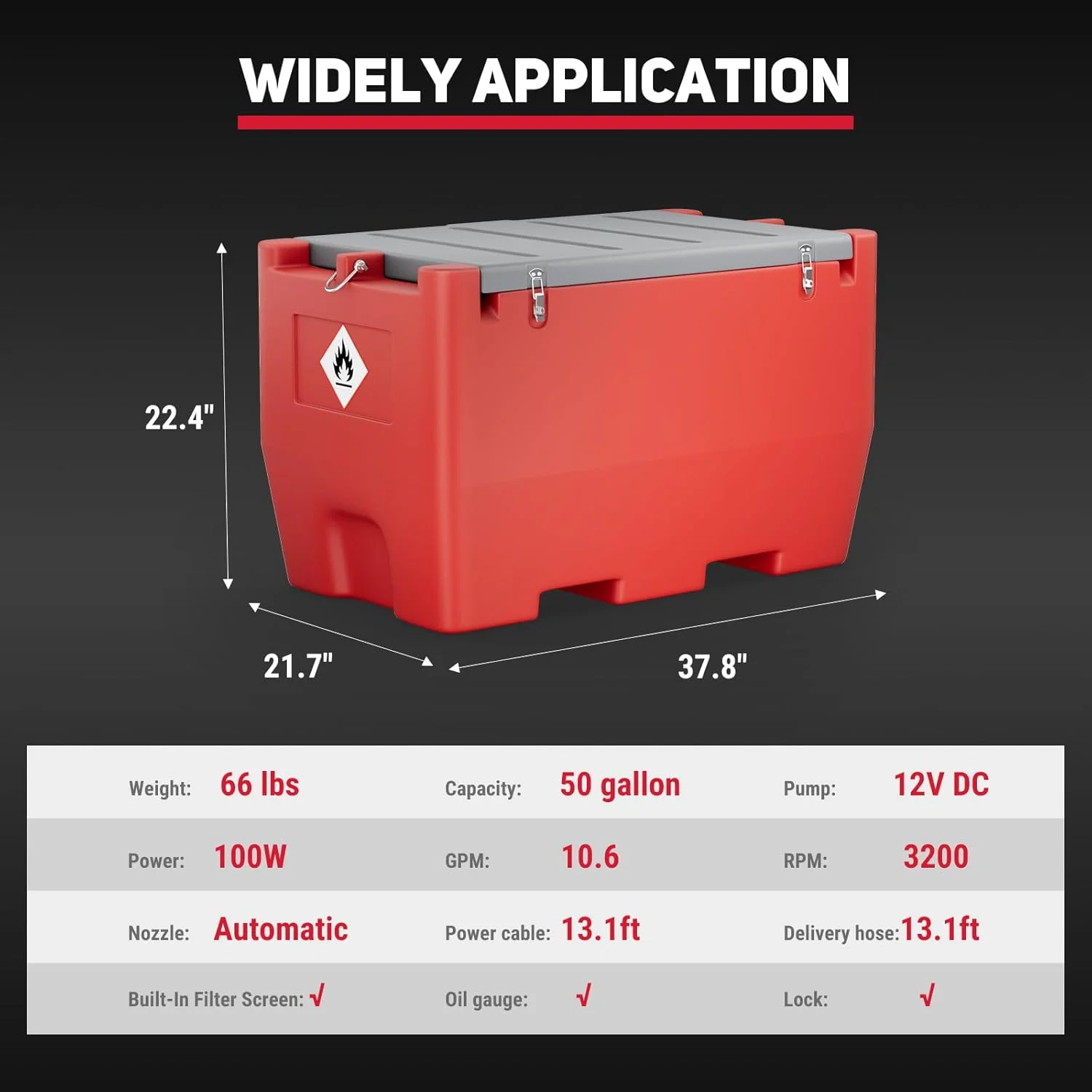 Fuel Transfer Tank, 50 Gallon for Gasoline & Diesel, Gas Tank with 10.6 GPM Fast Flow Rate 12V DC Transfer Pump,13.1 ft Power Cord Portable Gas Tank, Red