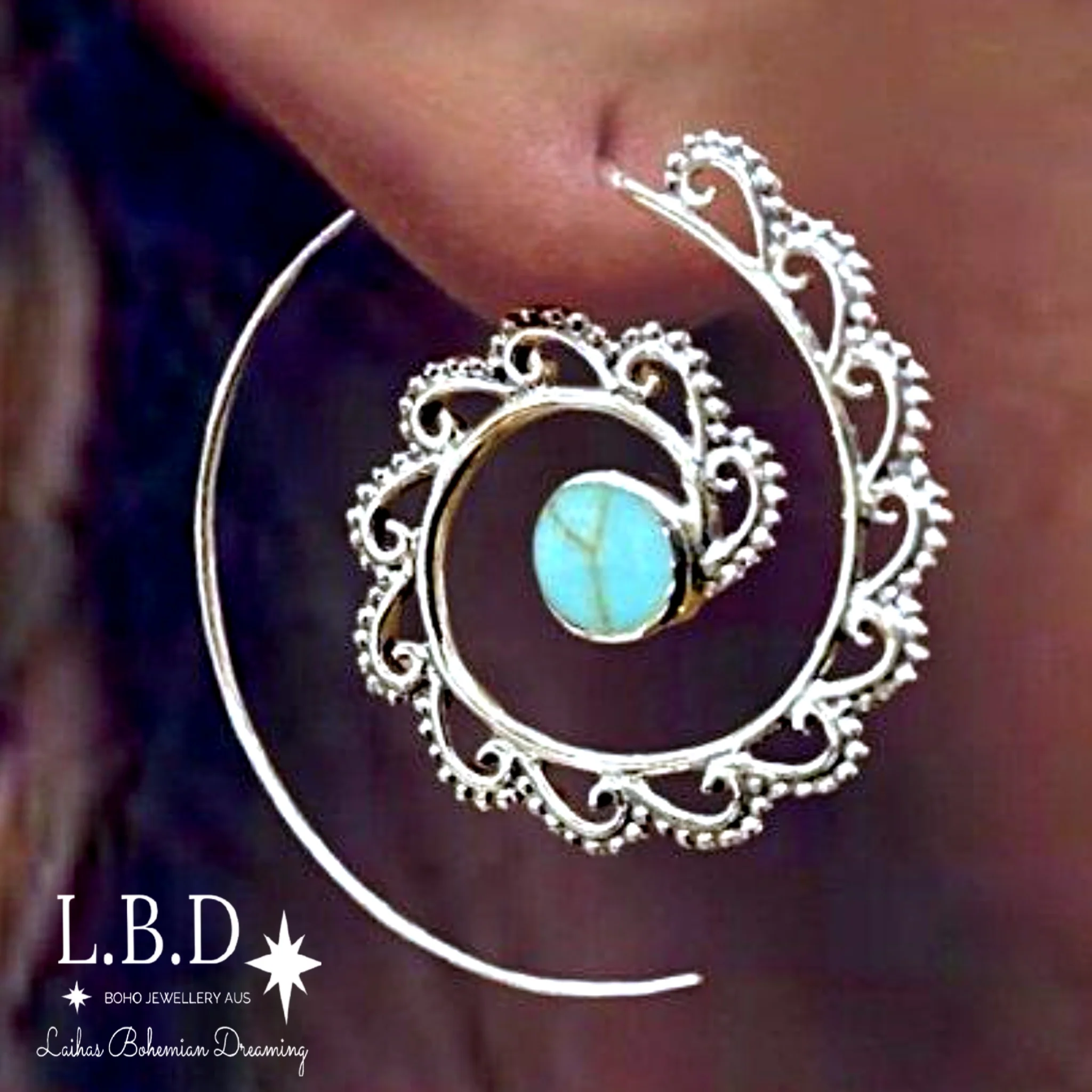 Laihas Boho Spiral Hoop, Sterling Silver Turquoise Earrings