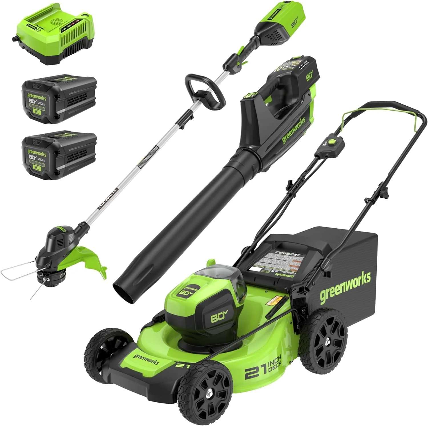 Greenworks 80V 21” szénkefe nélküli (tolható) akkumulátoros elektromos fűnyíró + (500 CFM) axiális lombfúvó + 13” damilos szegélynyíró (75+ kompatibilis szerszám) + (2) 2.0Ah akkumulátor és 30 perces gyorstöltő