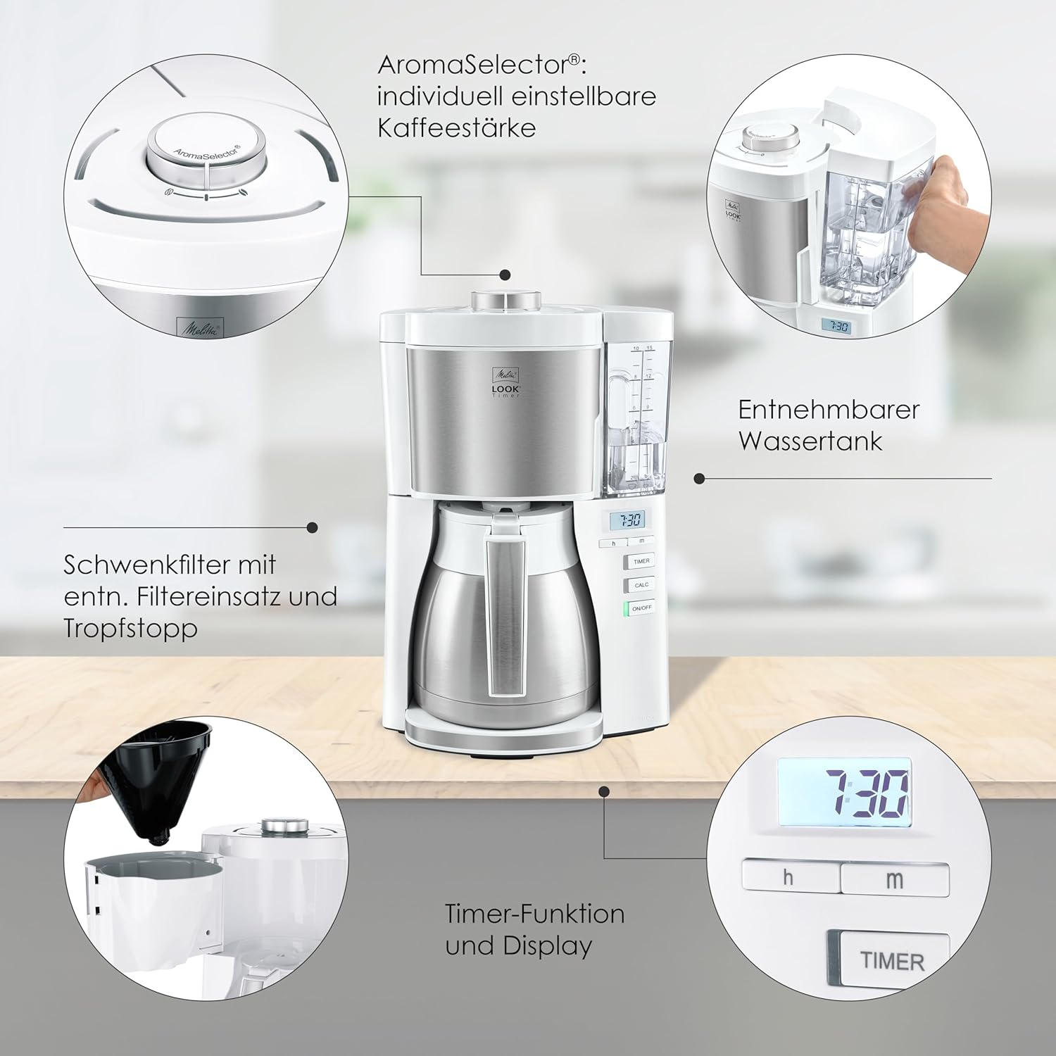 Melitta Look Timer - Filterkaffeemaschine - Thermokanne - Timer Funktion - Tropfstopp - 10 Tassen - Schwarz (1025-18)