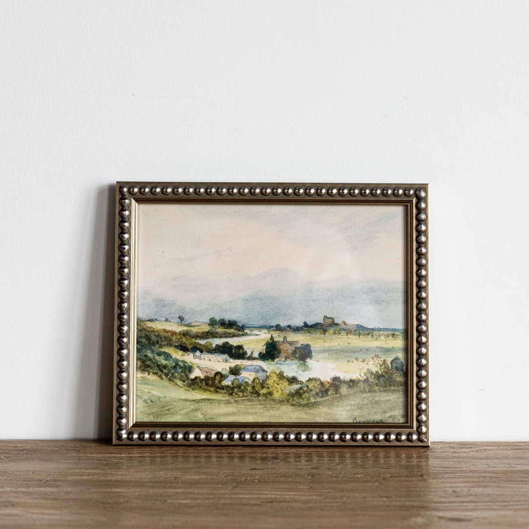 Vintage Watercolor Village Farmland Framed Art