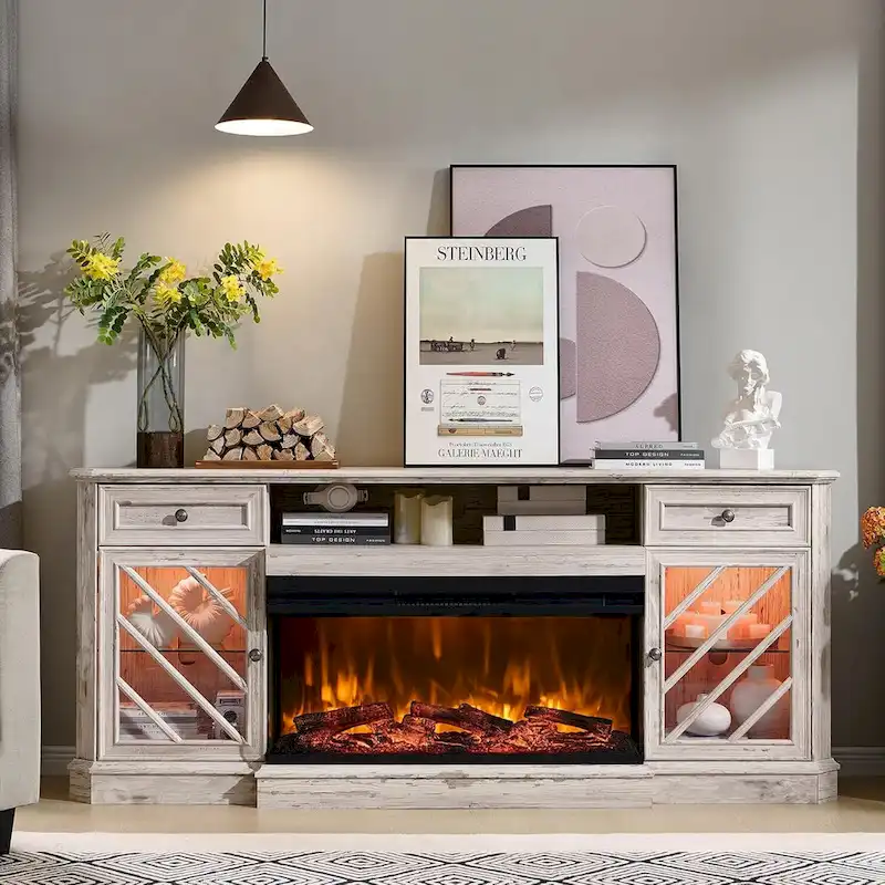 Farmhouse TV Stand with 3-Sided Fireplace, Entertainment Center