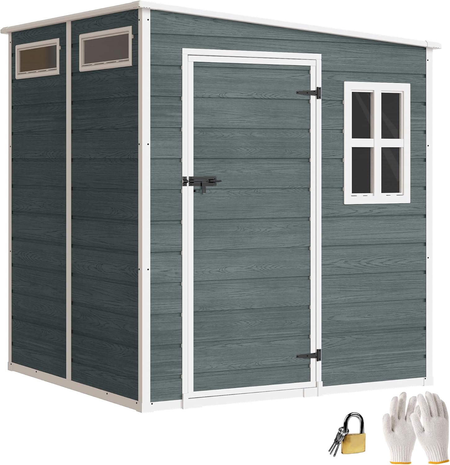 Outsunny Gerätehaus 2,89 m² Geräteschuppen mit Holzoptik 3 Fenster 182 x 182 x 196 cm Kunststoff Gartenschuppen mit Belüftung Boden Schloss Handschuhe, Gartenhaus für Werkzeuge Fahrrad Grau