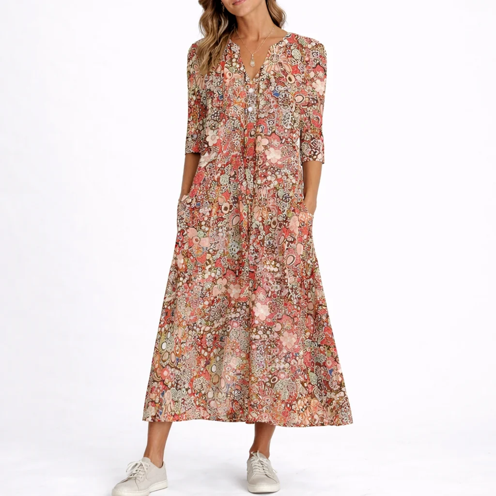 Womena??s Floral Summer Dress Lightweight Midi with Pockets