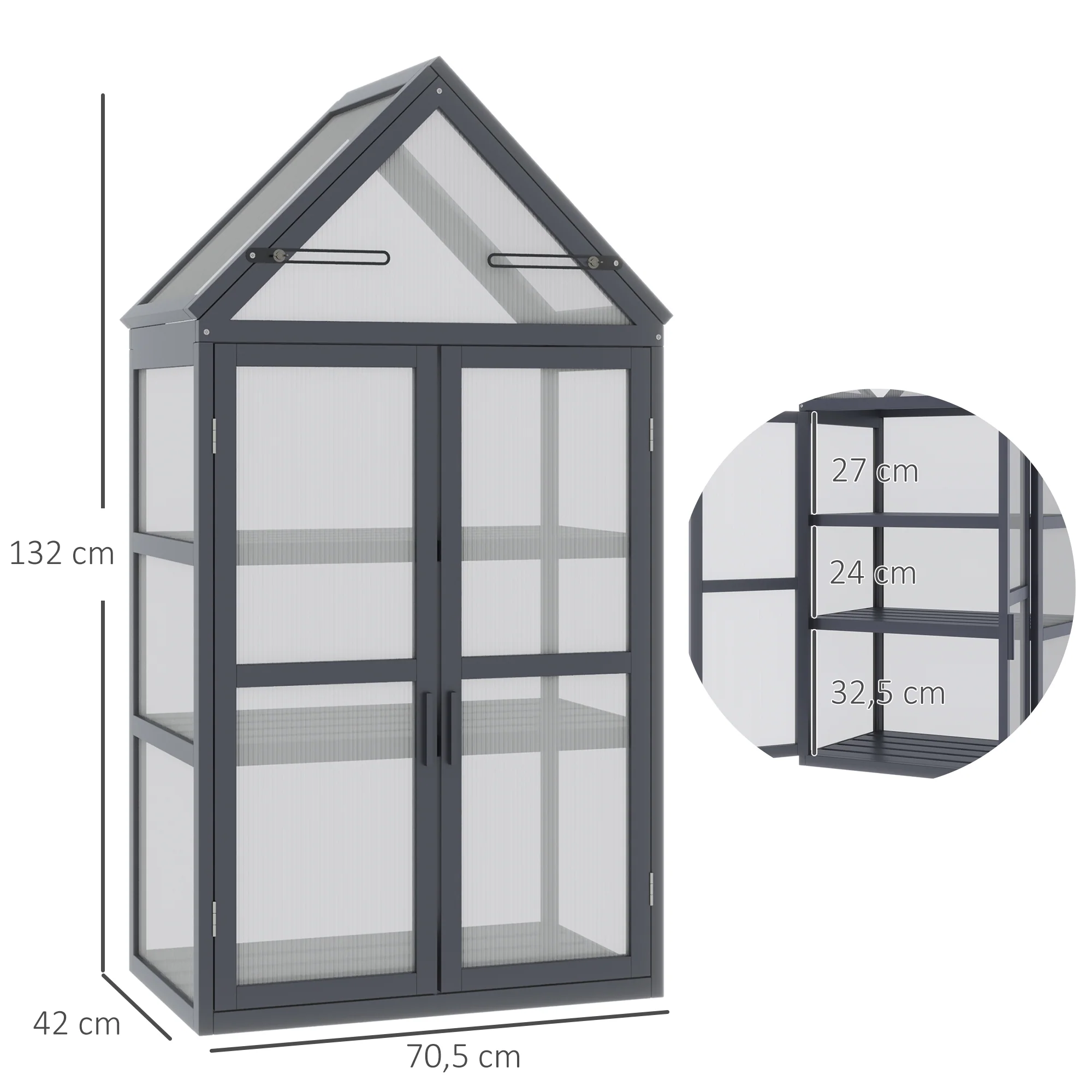 Outsunny kas met 3 planken, massief hout, behuizing van polycarbonaat, grijs, 70,5 x 42 x 132 cm
