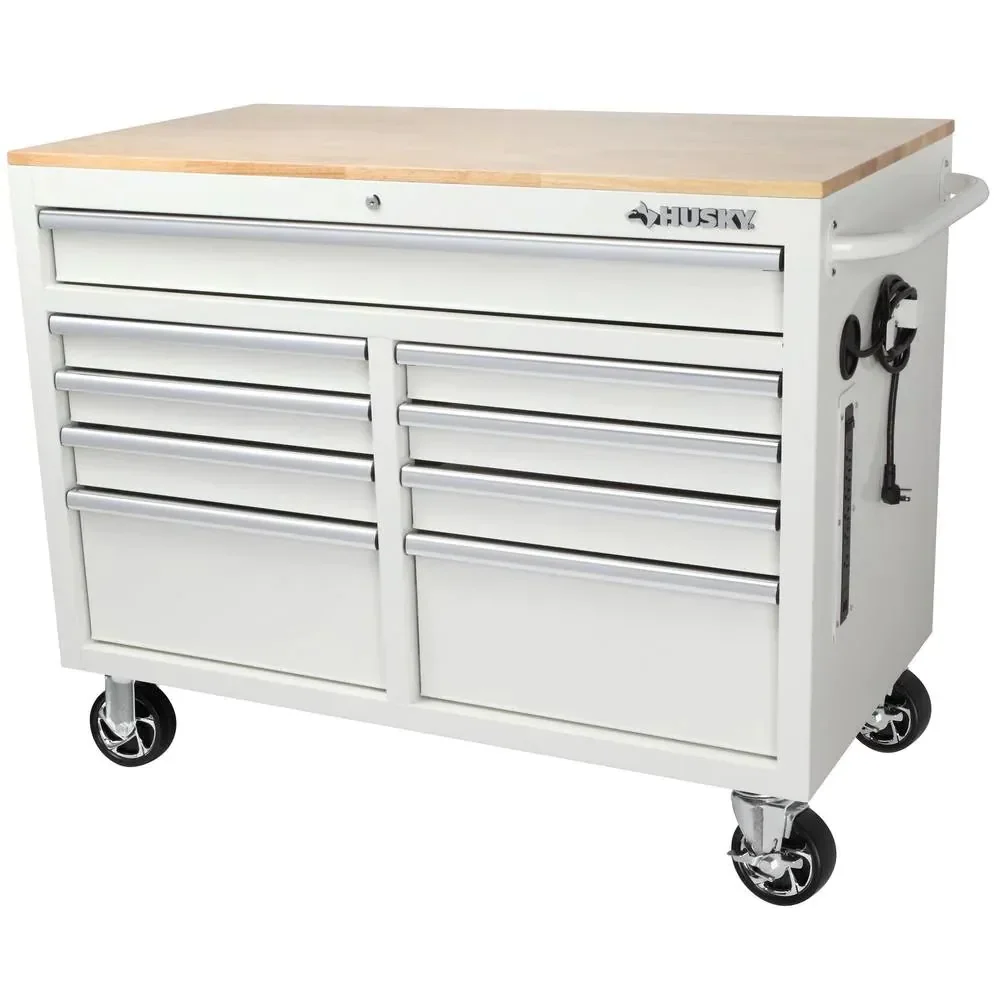 46-in W x 24.5-in D 9-Drawer Mobile Workbench with Hardwood Top and Power Station – Gloss Black