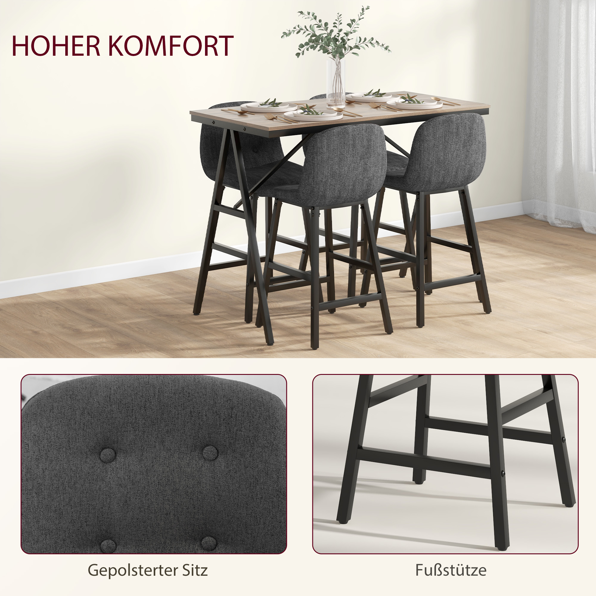 HOMCOM 5-delige Bargarnituur, Tafel en 4 Stoelen, Knoopafwerking, Dikke Bekleding, Linnenlook, Donkergrijs