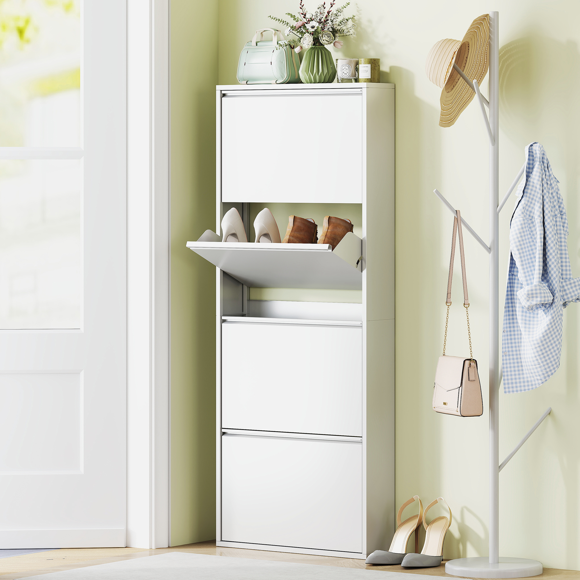 HOMCOM Smalle Metalen Schoenenkast voor Maximaal 8 Paar Schoenen, 4 Klaplades, voor Hal en Entree, Wit