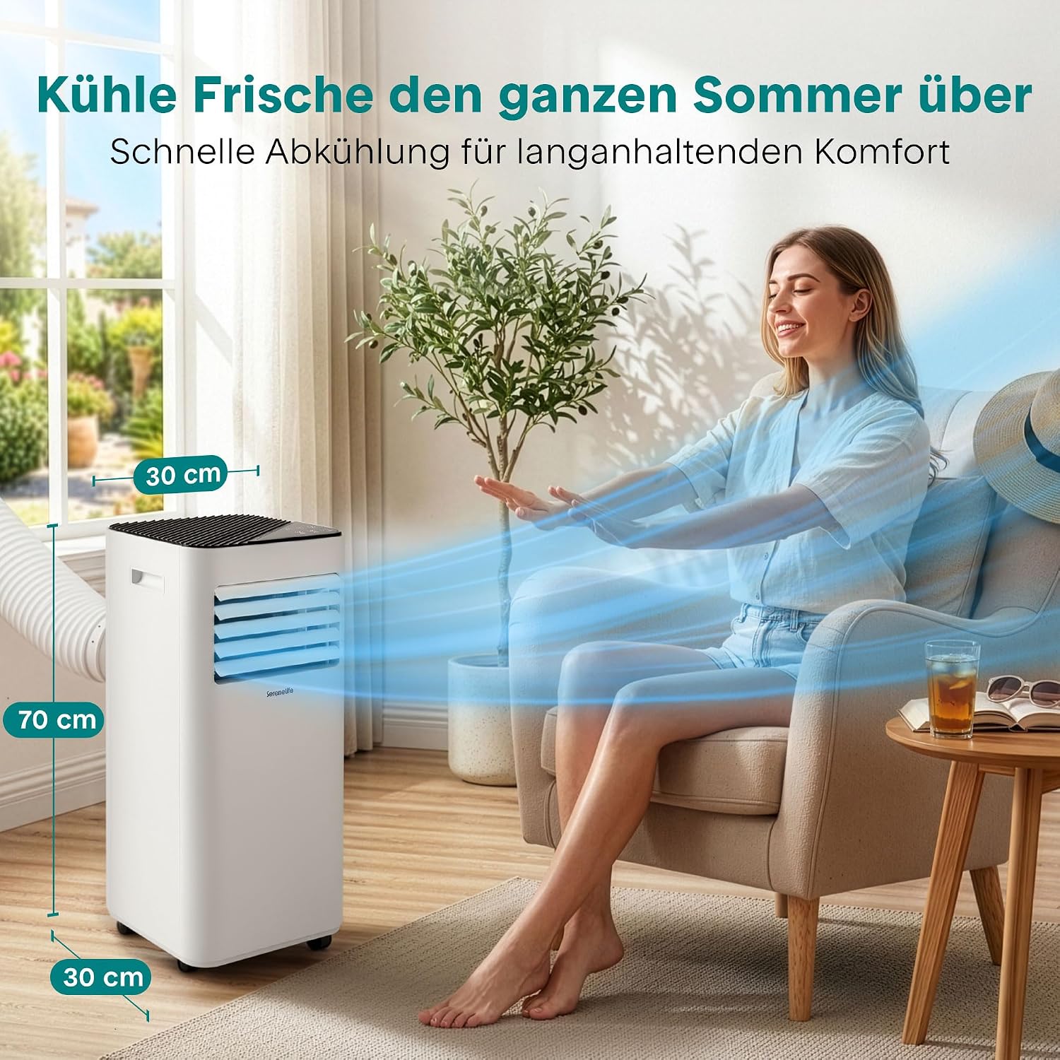 SereneLife Weiß Mobiles Klimagerät 9000 BTU 2,64kW für 28 m² – Air Conditioner mit Abluftschlauch, 3-in-1 mit Entfeuchter und Ventilator, Leise 54 dB, inkl. Fensterkit und Fernbedienung