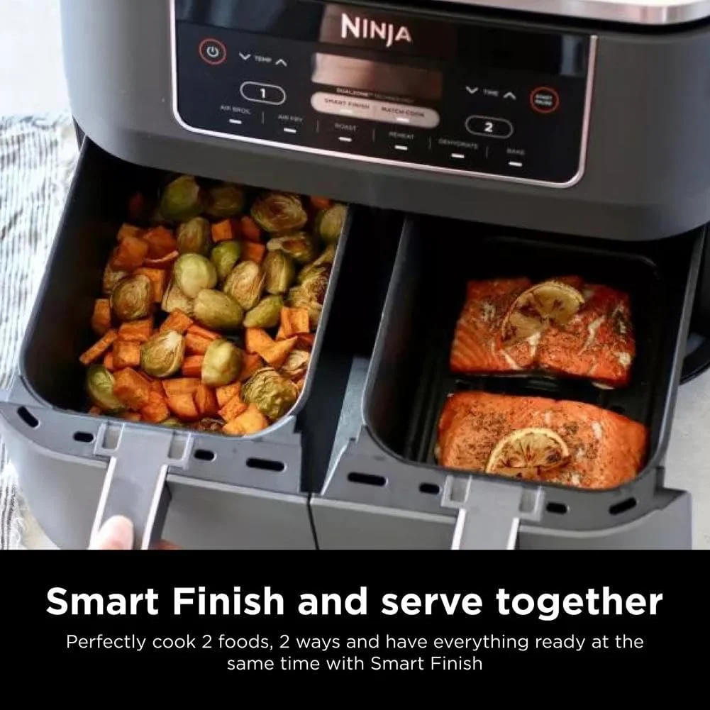 Ninja Foodi 10QT 6-in-1 DualZone Smart XL Air Fryer, 2 Independent 5QT Baskets, Smart Cook Thermometer, Match Cook, Smart Finish, Air Fry, Roast, Bake, Dehydrate, Reheat, Grey, DZ550