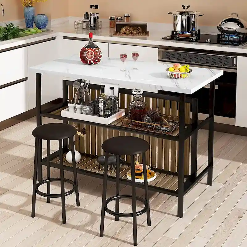 Kitchen Island with 2 Stools and Open Shelves