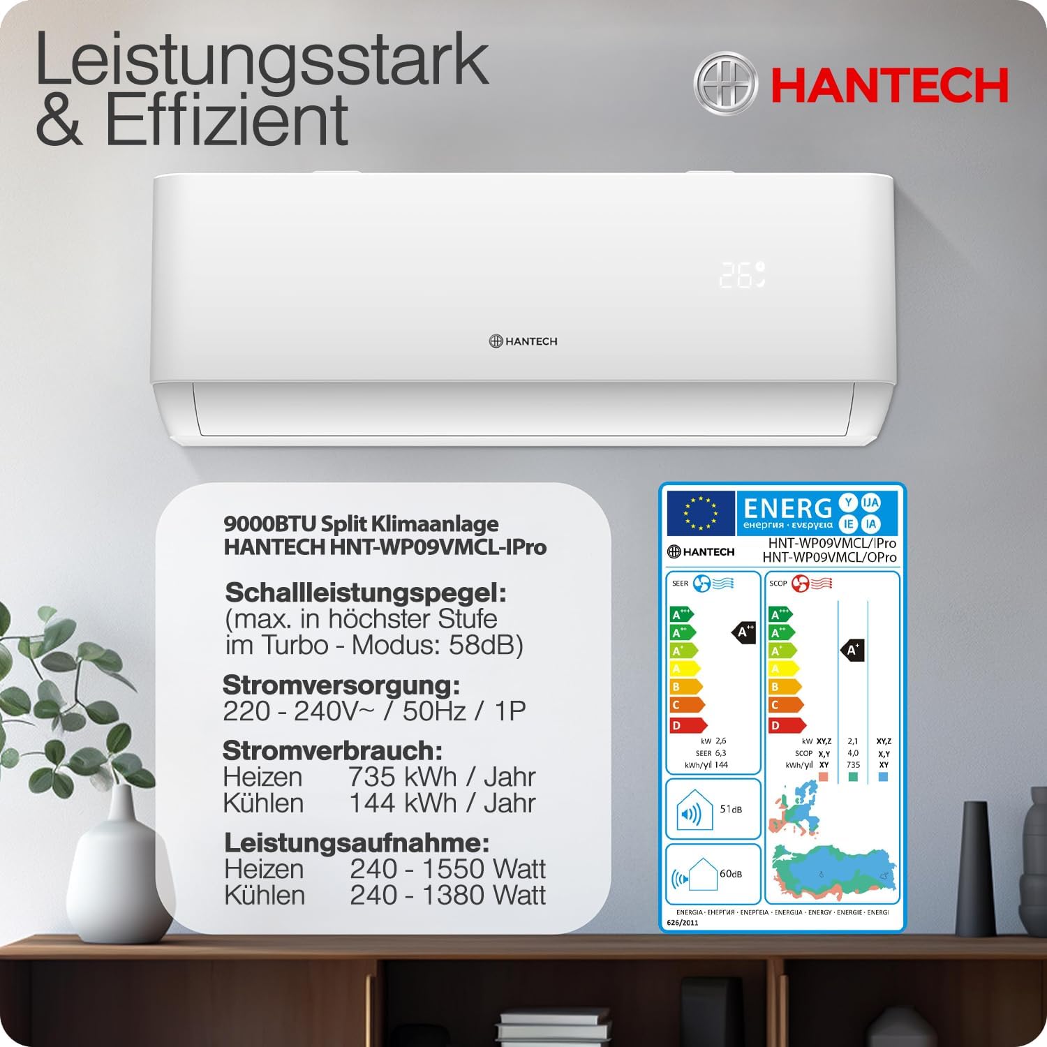 HANTECH Multisplit Klimaanlage 27000 BTU H-PRO mit 3x9000 BTU Inneneinheit WIFI