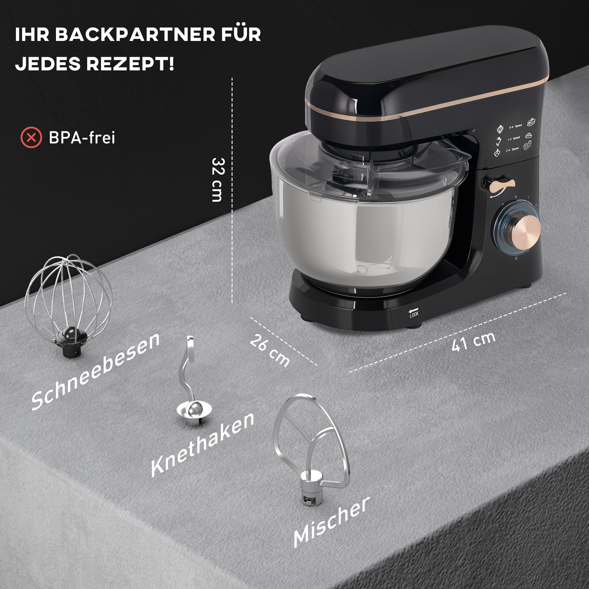 HOMCOM Staande Mixer, Keukenmachine, Mixer, 6 Standen, 5,5L Roestvrijstalen Kom, Zwart