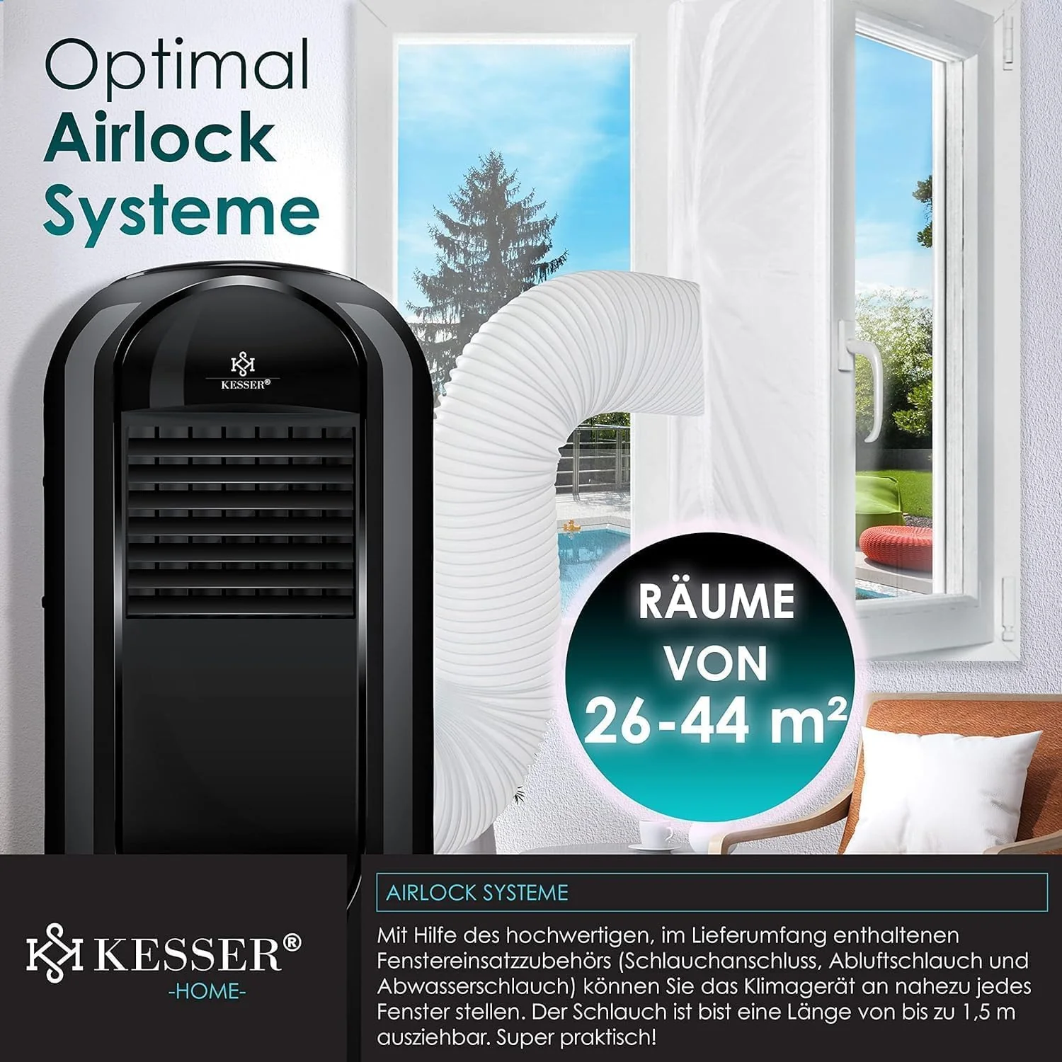 KESSER® Klimaanlage Mobil Klimagerät Sky Tower 4in1 kühlen, Luftentfeuchter, lüften, Ventilator - 9000 BTU/h (2.600 Watt) 2,7KW - Klima, Fernbedienung und Timer, Nachtmodus (EEK: D), Schwarz