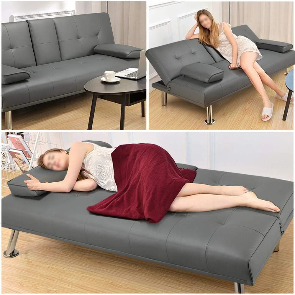 Yaheetech Convertible Sofa Bed Adjustable Couch Sleeper Modern Faux Leather Home Recliner Reversible Loveseat Folding Daybed Guest Bed, Removable Armrests, Cup Holders, 3 Angles, 772lb Capacity, Black