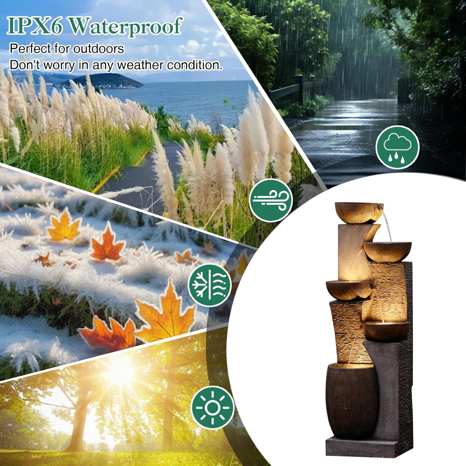 Bumilgar Großer Gartenbrunnen Springbrunnen für Außen mit LED Beleuchtung, 5-stufiger Wasserspiel Wasserfall Brunnen für Garten,Balkon,Terrasse,134x46x37 cm