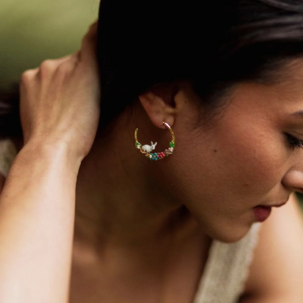 Spring Flower Rabbit Hoop Earrings