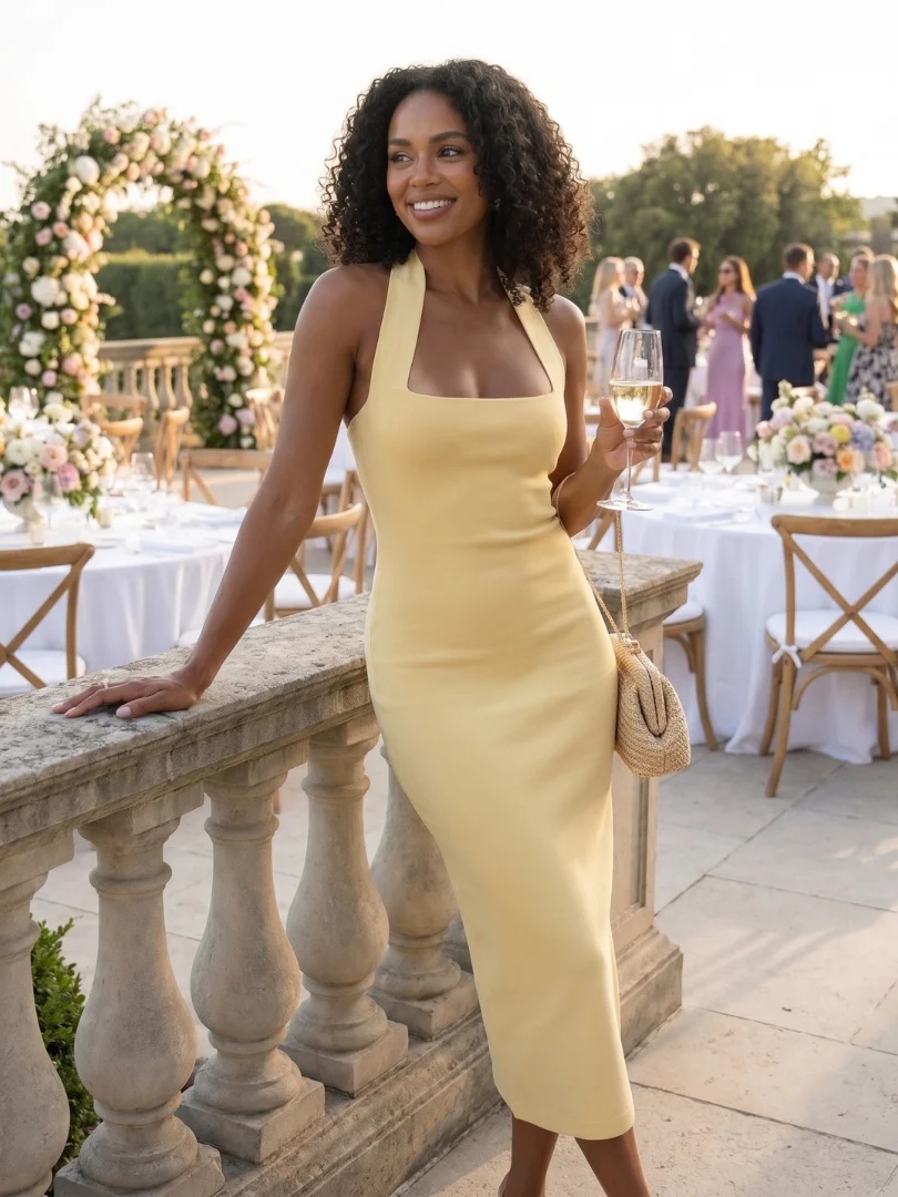 Women��s Fitted Midi Dress Halter Neck Elegant Style