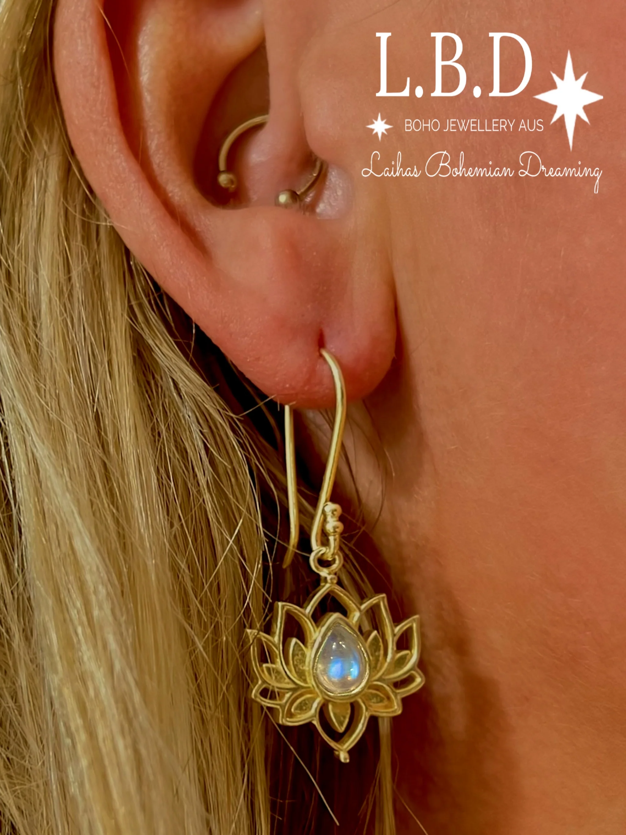 Laihas Opulent Lotus Flower Gold Moonstone Earrings