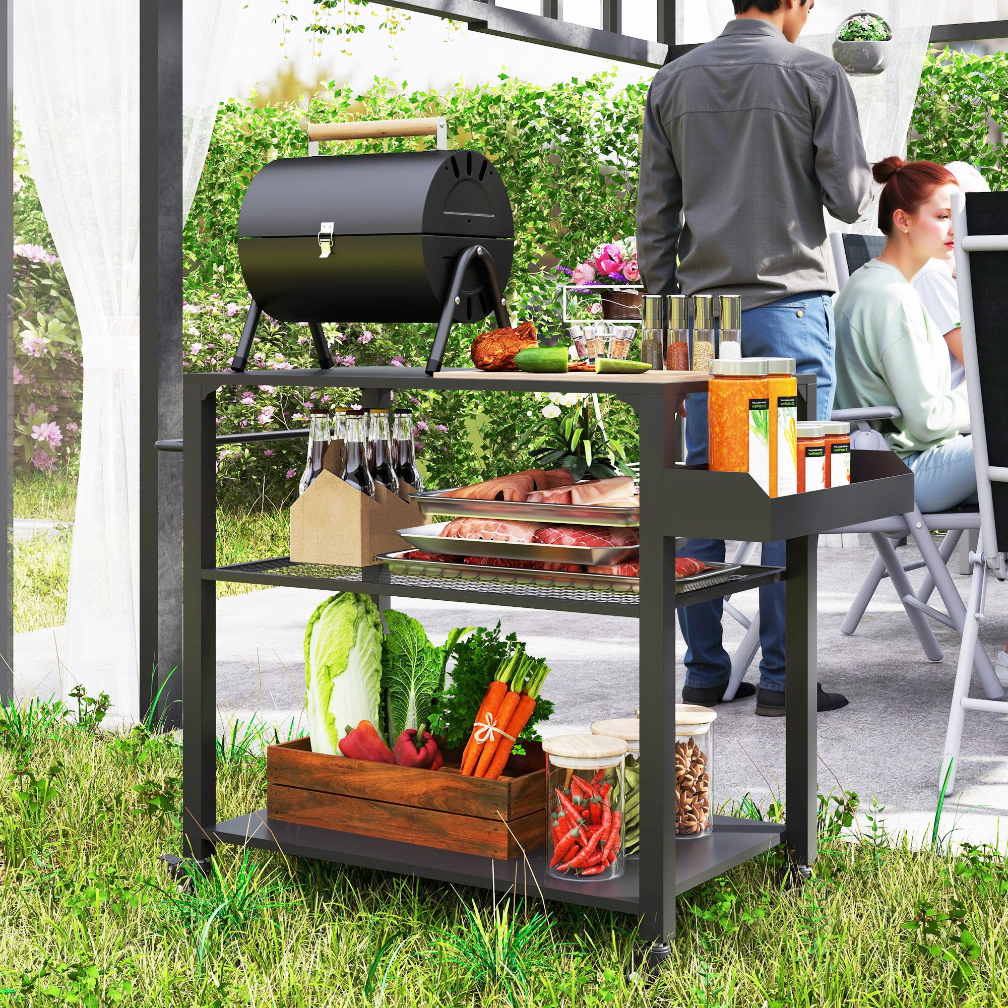 Outsunny Outdoor Keukeneiland, Grillwagen met Opbergrek, Handvat, 4 Wielen, Keukentrolley, Tuin, Terras, Metaal, Zwart