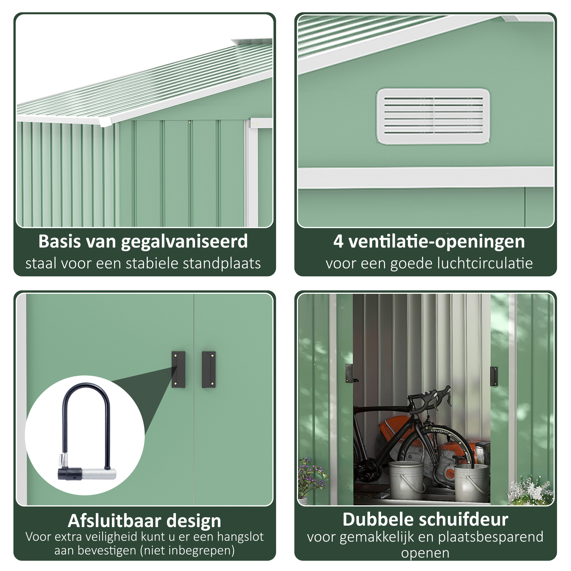 Outsunny gereedschapsschuur, tuinhuisje, met schuifdeuren, fundering, weerbestendig, staal, groen, 213 x 130 x 185 cm