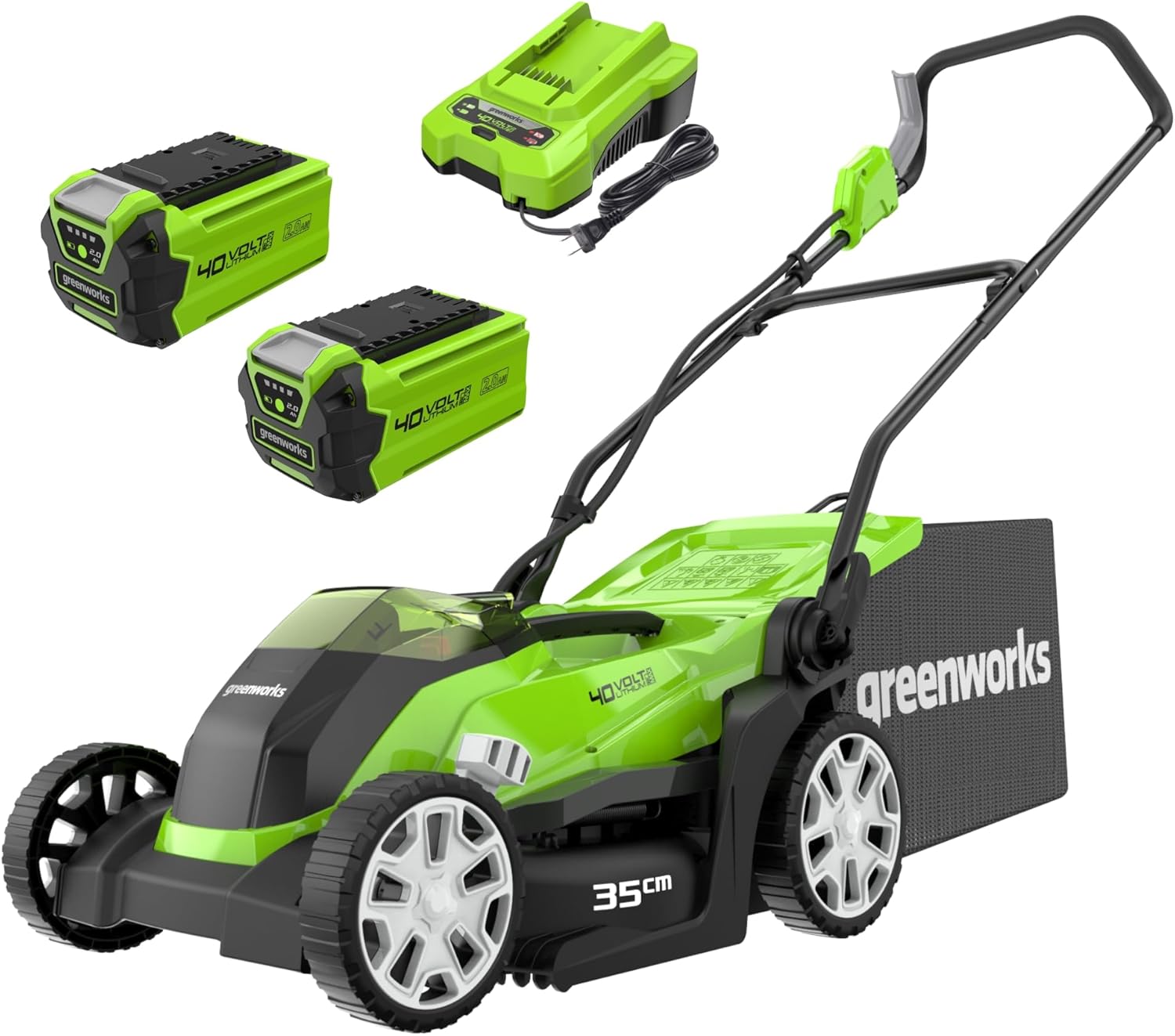 Greenworks 40V Tagliaerba a Batteria per Prati Fino a 400m², Ampiezza di Taglio 35cm, Sacca da 40L CON Due Batterie 40V 2Ah e 1 Caricabatterie, Garanzia 3 Anni-G40LM35K2X