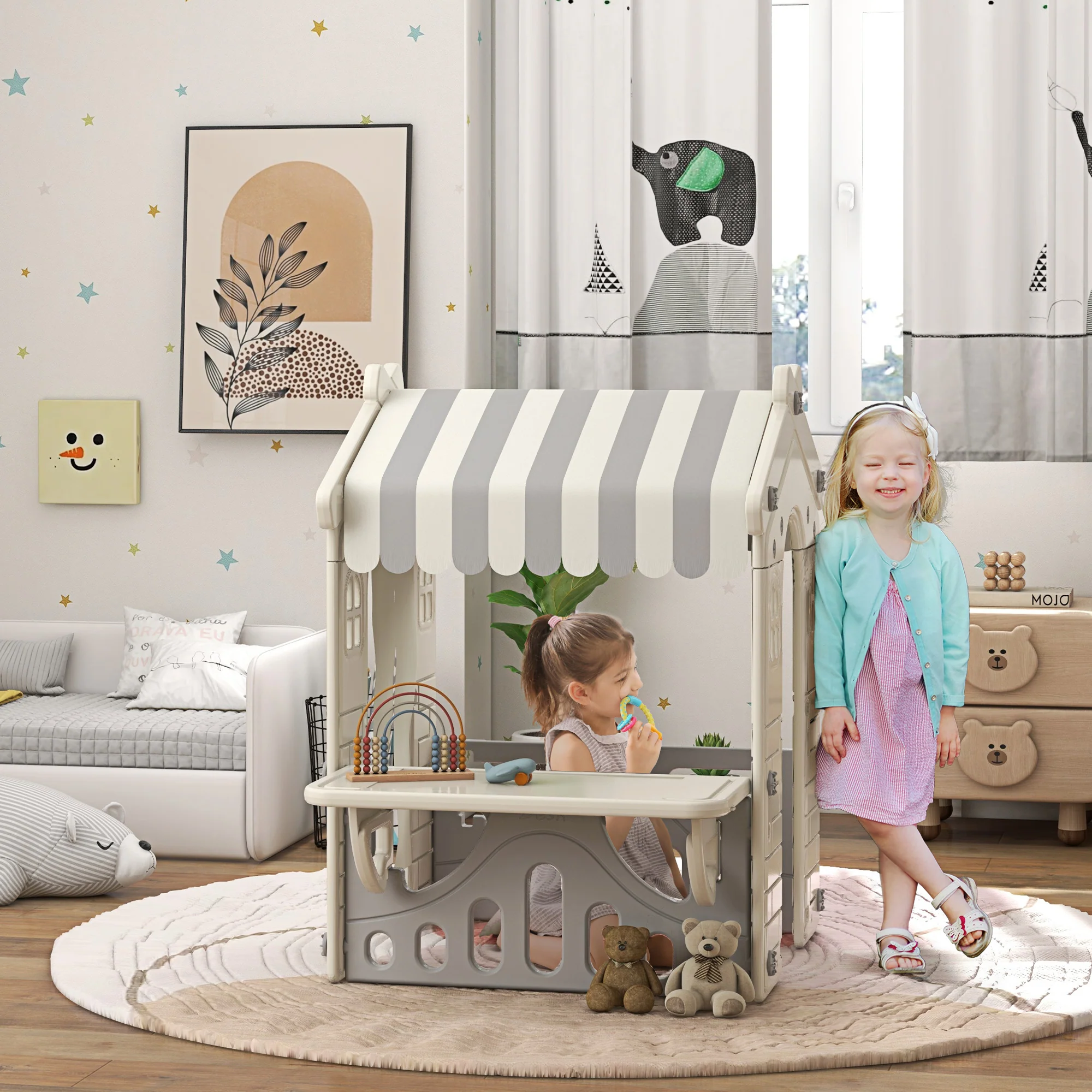 AIYAPLAY Spielhaus Kinderhaus Indoor mit Servierstation & Vorhängen