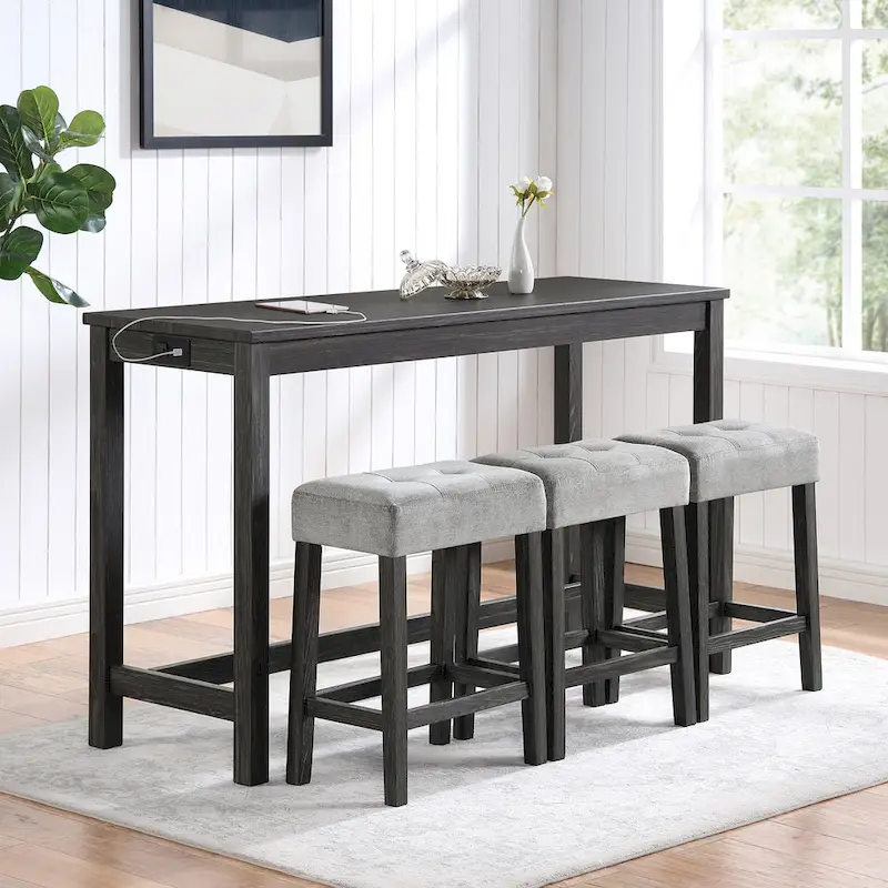 Bar Dining Table Set and 3 Bar Stools with Power Outlet Kitchen Breakfast Nook Wooden Dining Table Chairs Sets