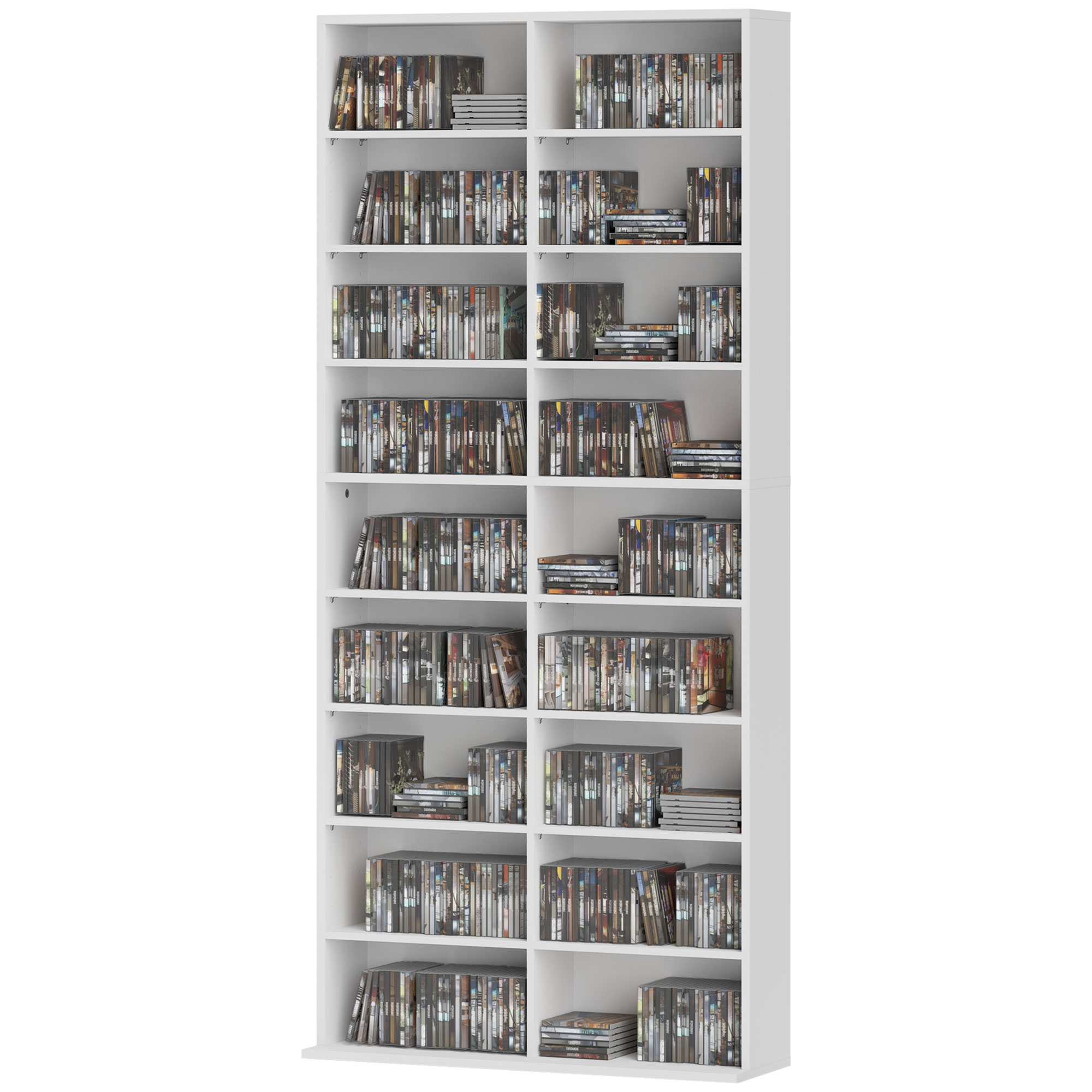 HOMCOM DVD-Rek, CD-Opslagrek, 14 Aanpasbare Planken, 18 Vakken, 175 cm, Blu-ray-Rek, Spaanplaat, Wit