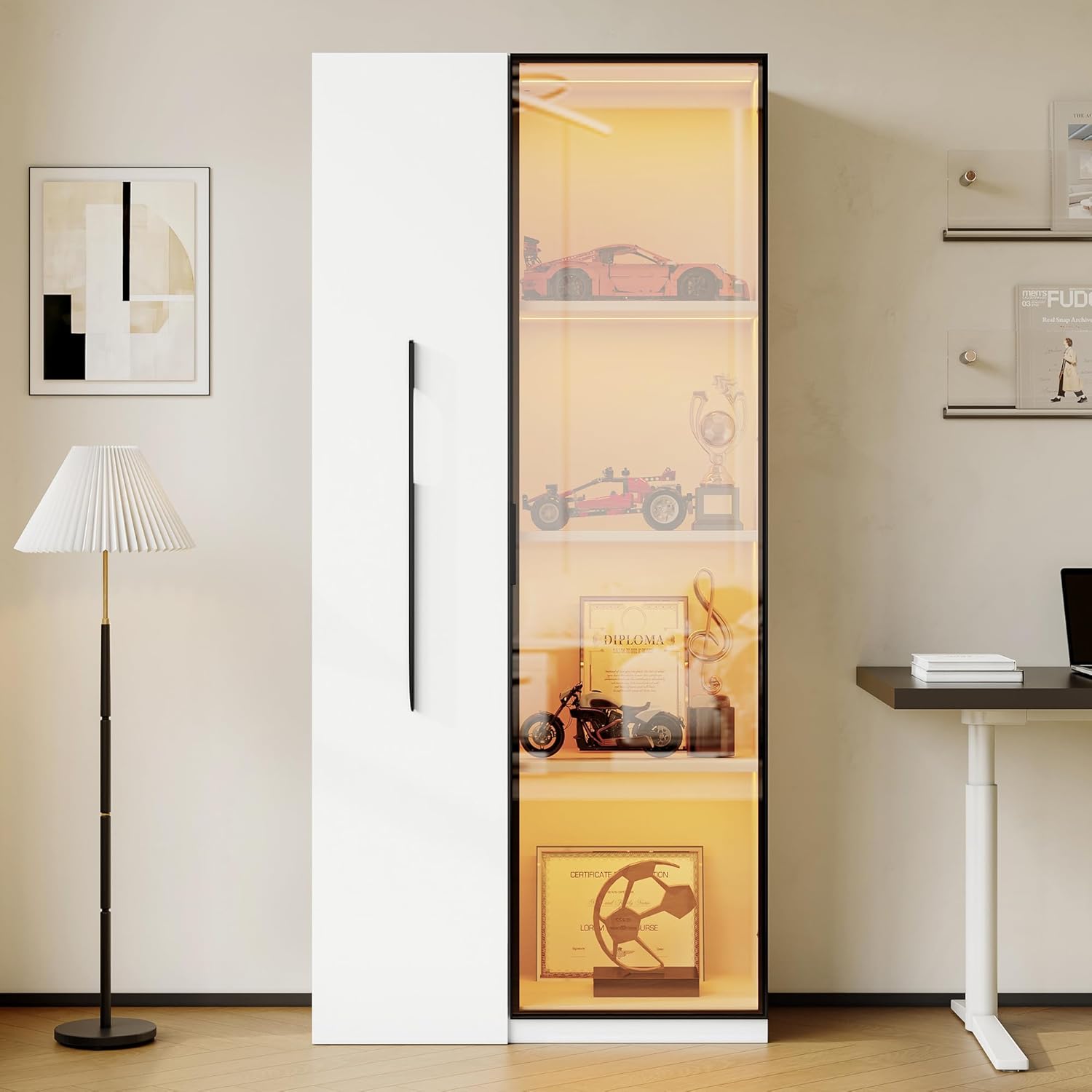 Armadio Multifunzione 160 cm Alta Libreria Vetrina Con Porte In Vetro Temperato Telaio Porta In Alluminio 1 Porta 1 Cassetto Laterale Con Ruote Sala Da Pranzo