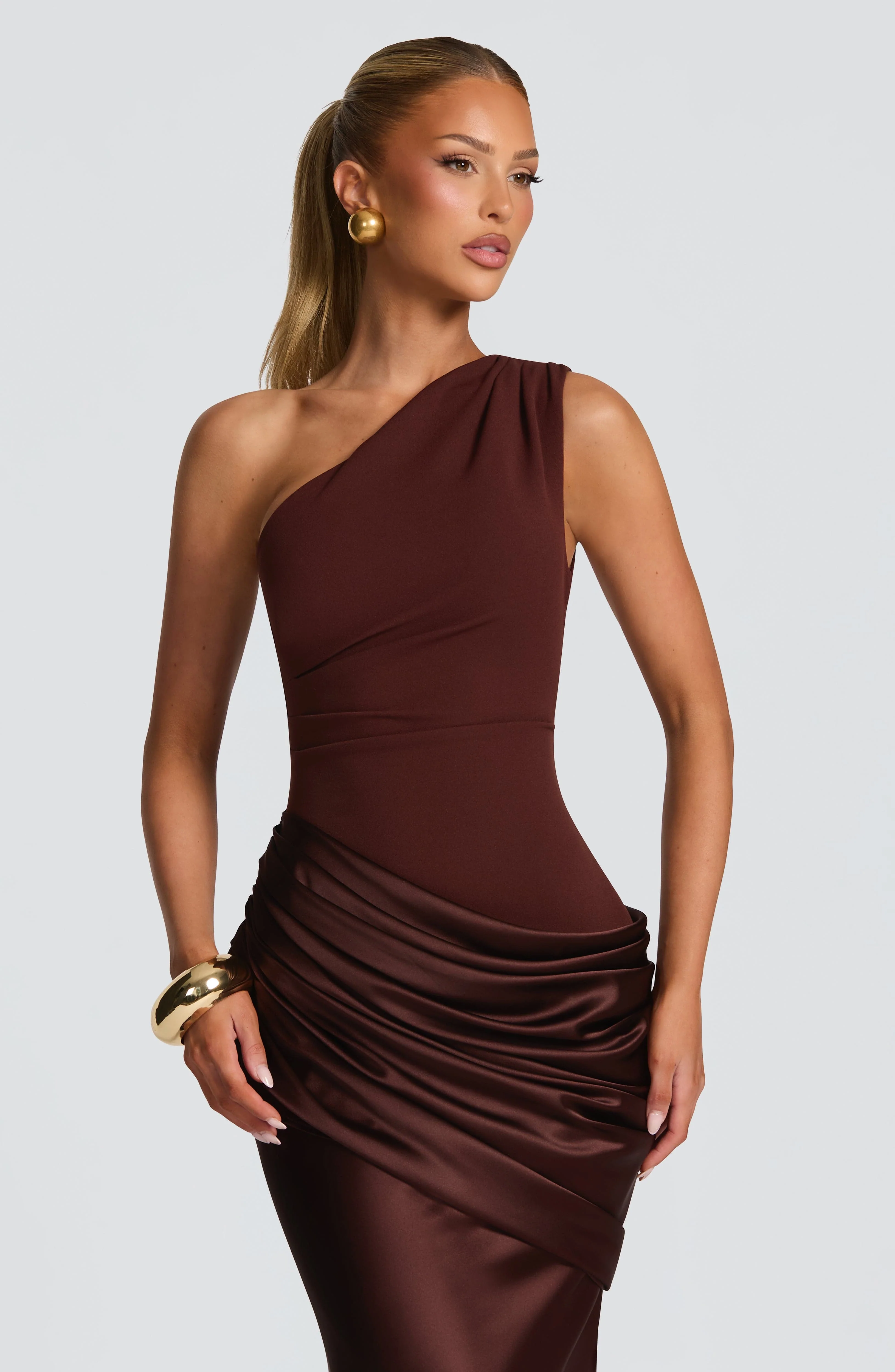 Women��s One Shoulder Satin Maxi Dress Elegant Ruched Design