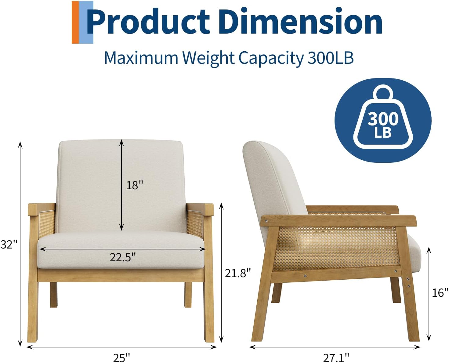 IDEALHOUSE Rattan Accent Chair, Linen Armchair, Upholstered Reading Chair with Wooden Frame and High Back, Leisure Chairs for Living Room Bedroom Waiting Room Reception, Beige