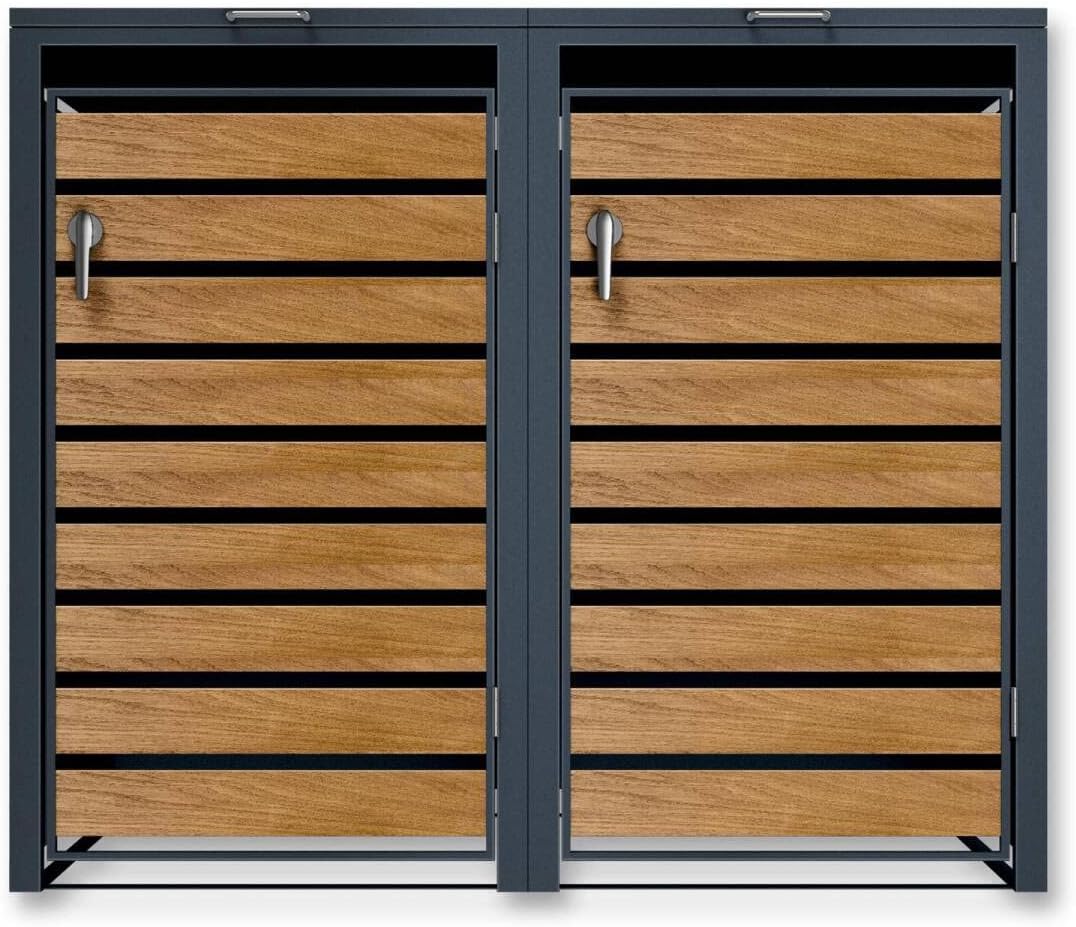 Metzler Mülltonnenbox in Anthrazit & Holzoptik 2er 240L, Mülltonnenverkleidung 2 Tonnen, witterungsbeständiger und pulverbeschichteter Stahl mit Automatikdeckel, abschließbar, Garten- und Müllbox