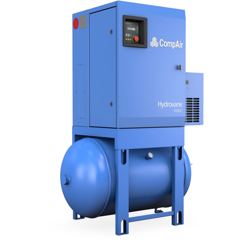 Hydrovane compressor 4kw, 400v, 10 bar, 200L Ketel, met Ingebouwde Koeldroger