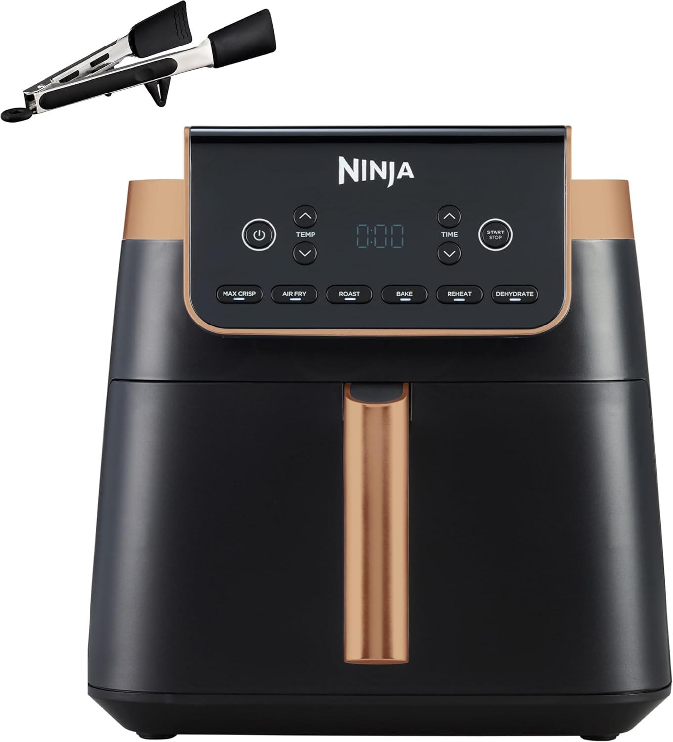 Ninja MAX PRO Friggitrice ad Aria, Scomparto Singolo da 6,2L, Cottura Senza Olio, Formato Famiglia, Antiaderente, Cestello e Piasta per Frittura Lavabili in Lavastoviglie, Pinze, Nero/Rame, AF180EUCP