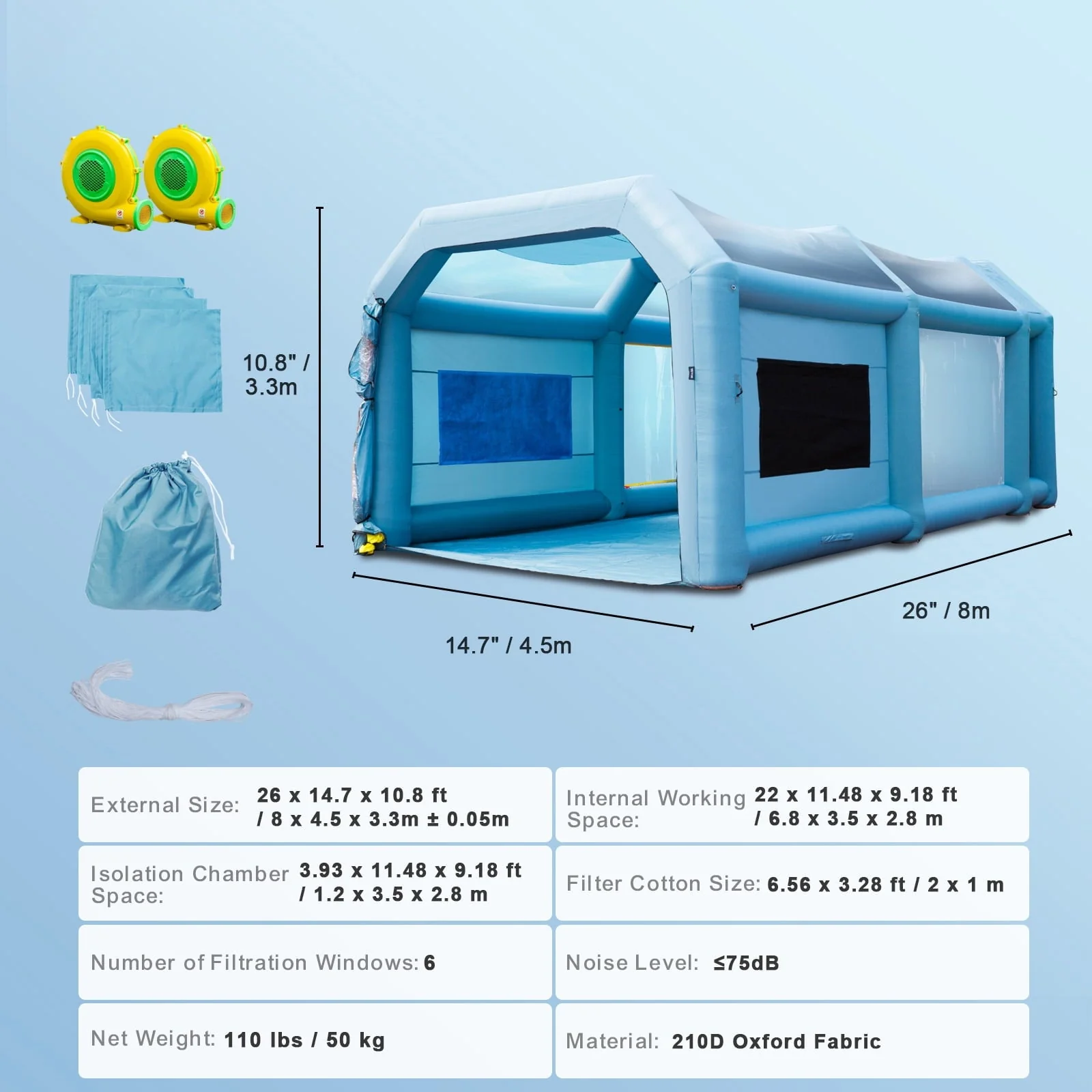 BENTISM Inflatable Paint Booth 26x15x11ft Inflatable Spray Booth Car Paint Tent with 750W+950W Filter System Blower