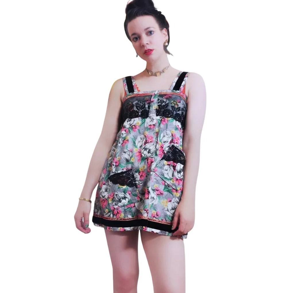 Real Vintage Floral Print Mini Dress with Black Lace Panels & Pockets
