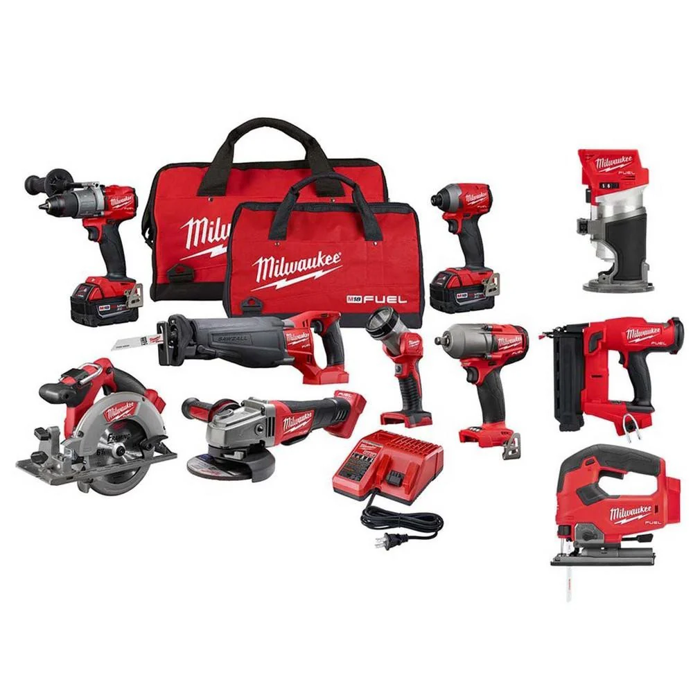 Milwaukee M18 FUEL 18 V-os lítium-ion szénkefe nélküli akkumulátoros kombó készlet (10 szerszám) 2 db 5,0 Ah akkumulátorral, 1 db töltővel, 2 db szerszámtáskával