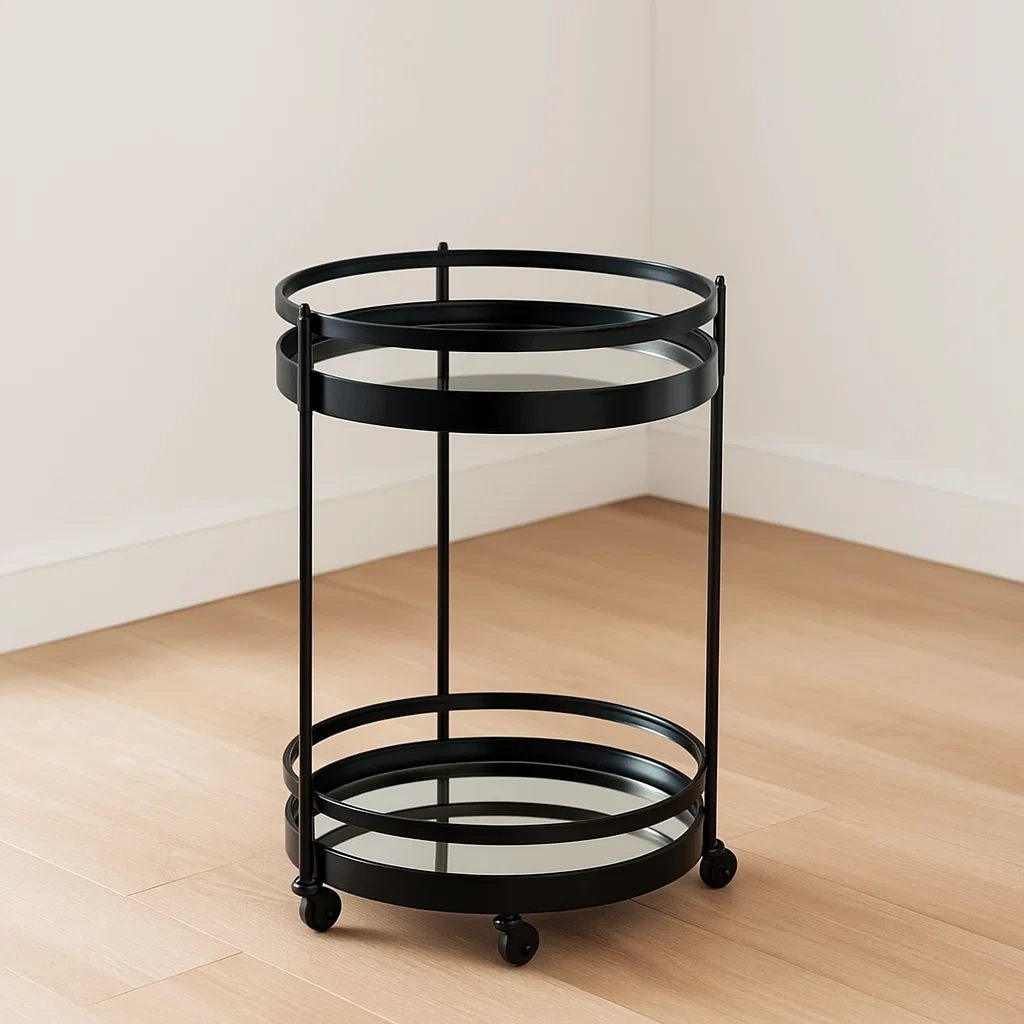 Barvogn, sort, metal og glas, egnet til indendrs brug, diameter 57 x hjde 87 cm