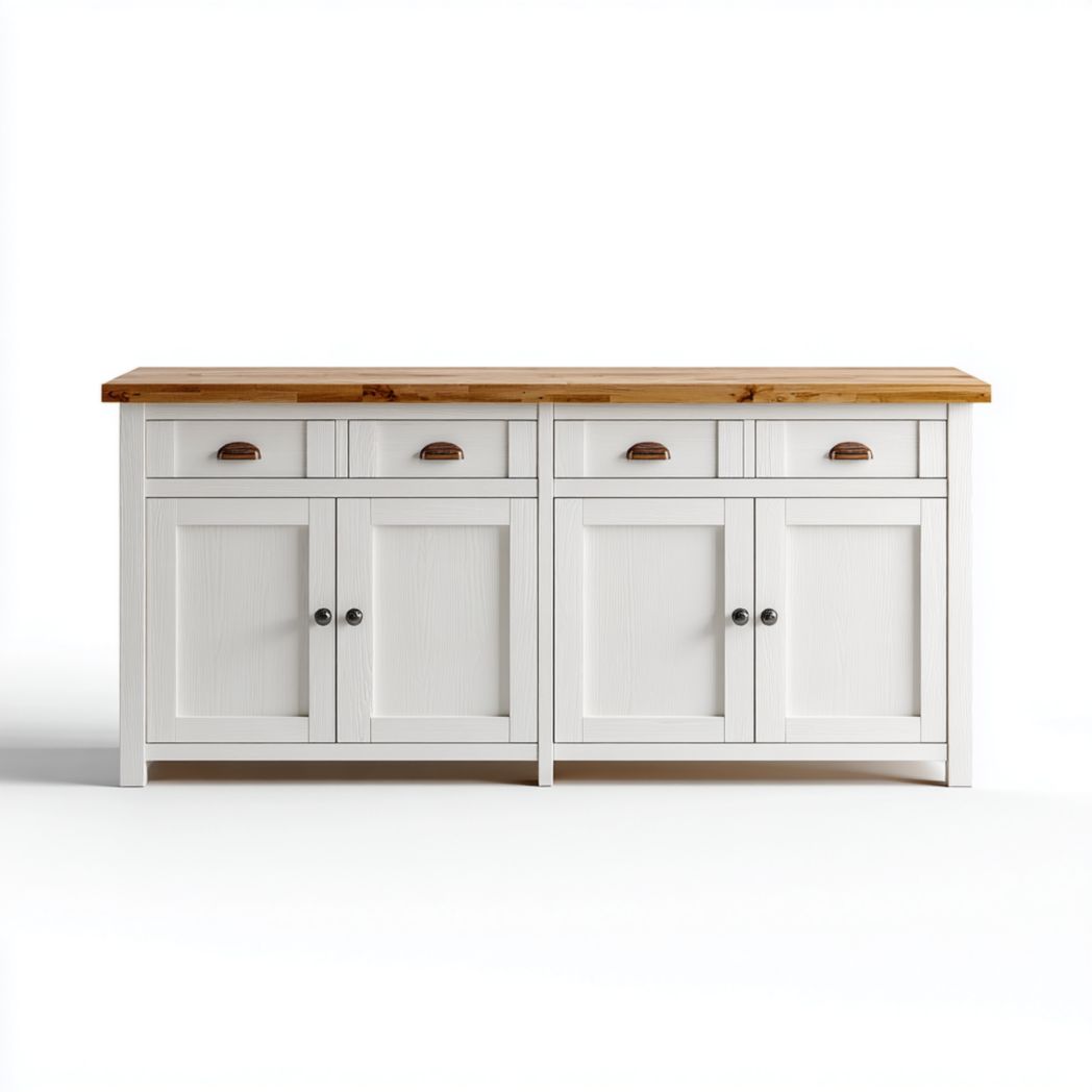 Buffet en bois massif blanc, meuble de rangement à quatre portes et quatre tiroirs avec plateau en chêne