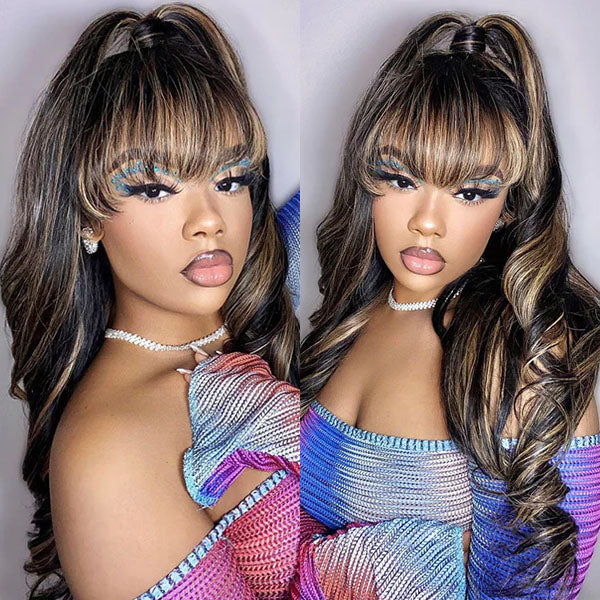 Highlight Honey Blonde Wig With Bangs Human Hair HD Lace Front Wigs