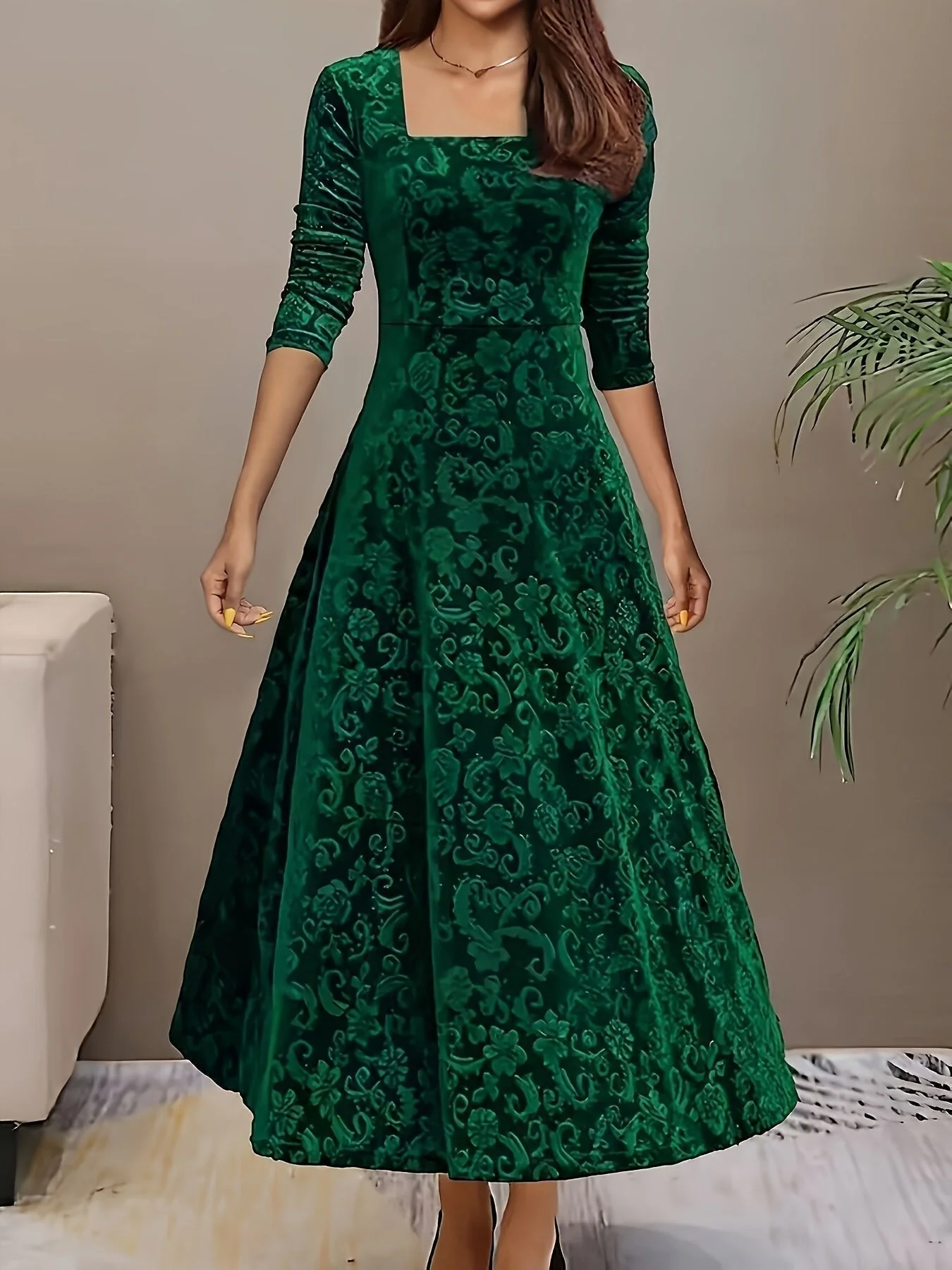 Women��s Embossed Velvet Midi Dress Elegant A-Line with Square Neckline