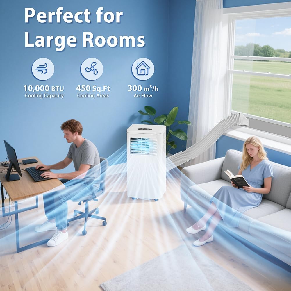 10000 BTU Tragbare Klimaanlage Kühlt 450 Sq.Ft, LifePlus Tragbare AC-Einheit mit 4 Modi, Fernbedienung, Fenster-Installationsset, 24H Timer, Leise Energieeffizient für Zimmer, Büros, Wohnungen