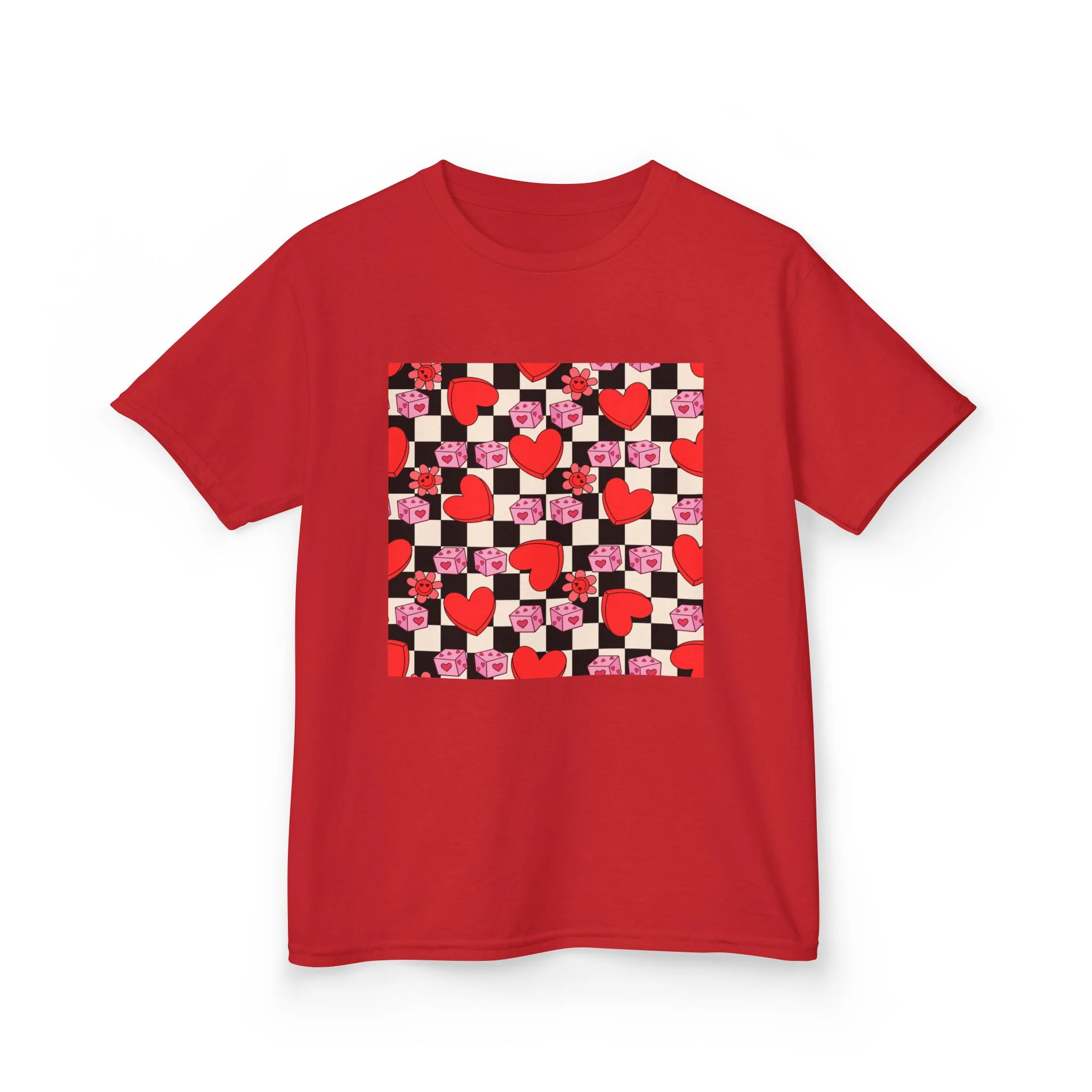 Checkerboard Hearts Kids Tee | Red Pink Black Heart Pattern