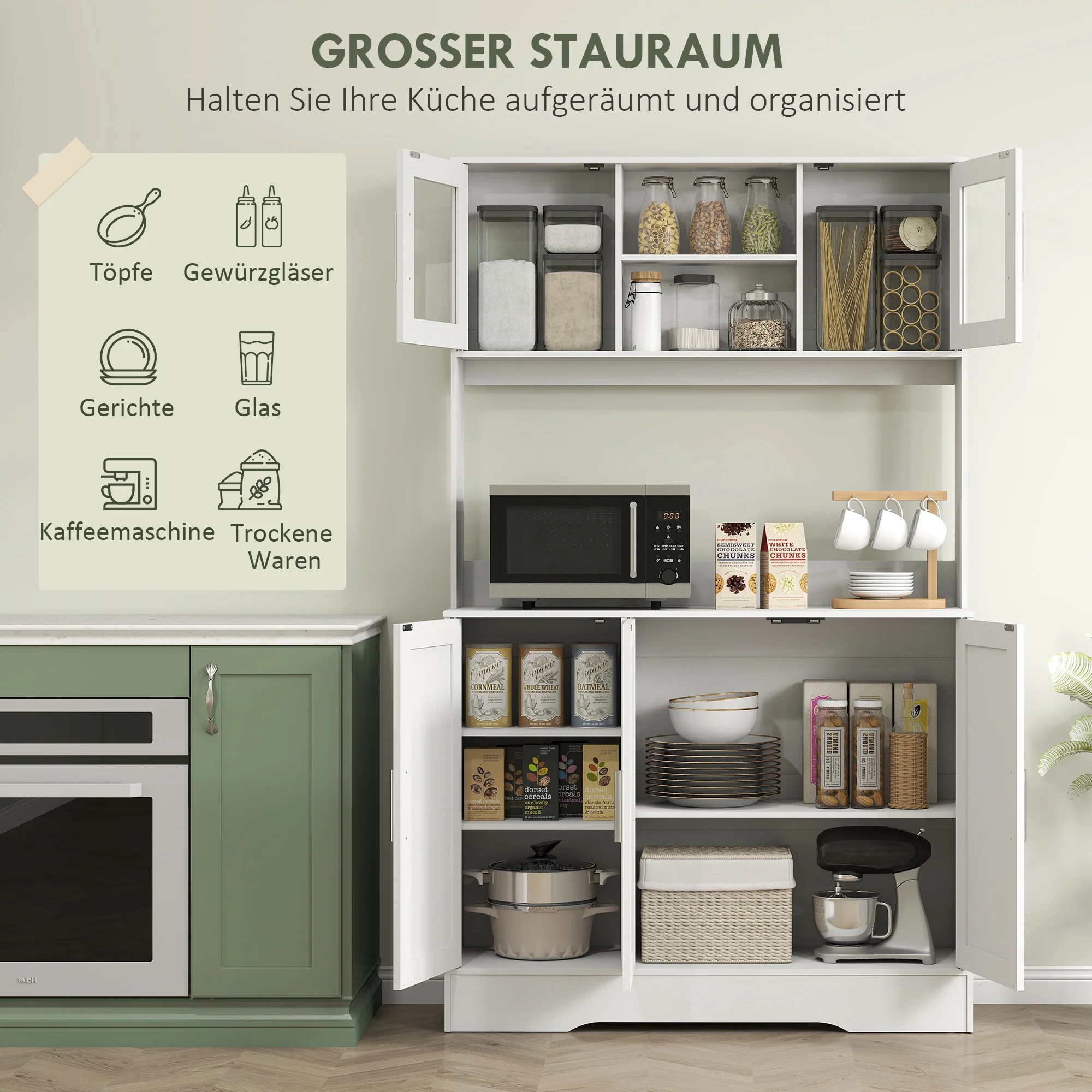 HOMCOM Keukenkast, Scandinavisch Design, 4 Kasten, Verstelbare Planken, Glazen Deuren, Open Vak, Spaanplaat, MDF, Wit