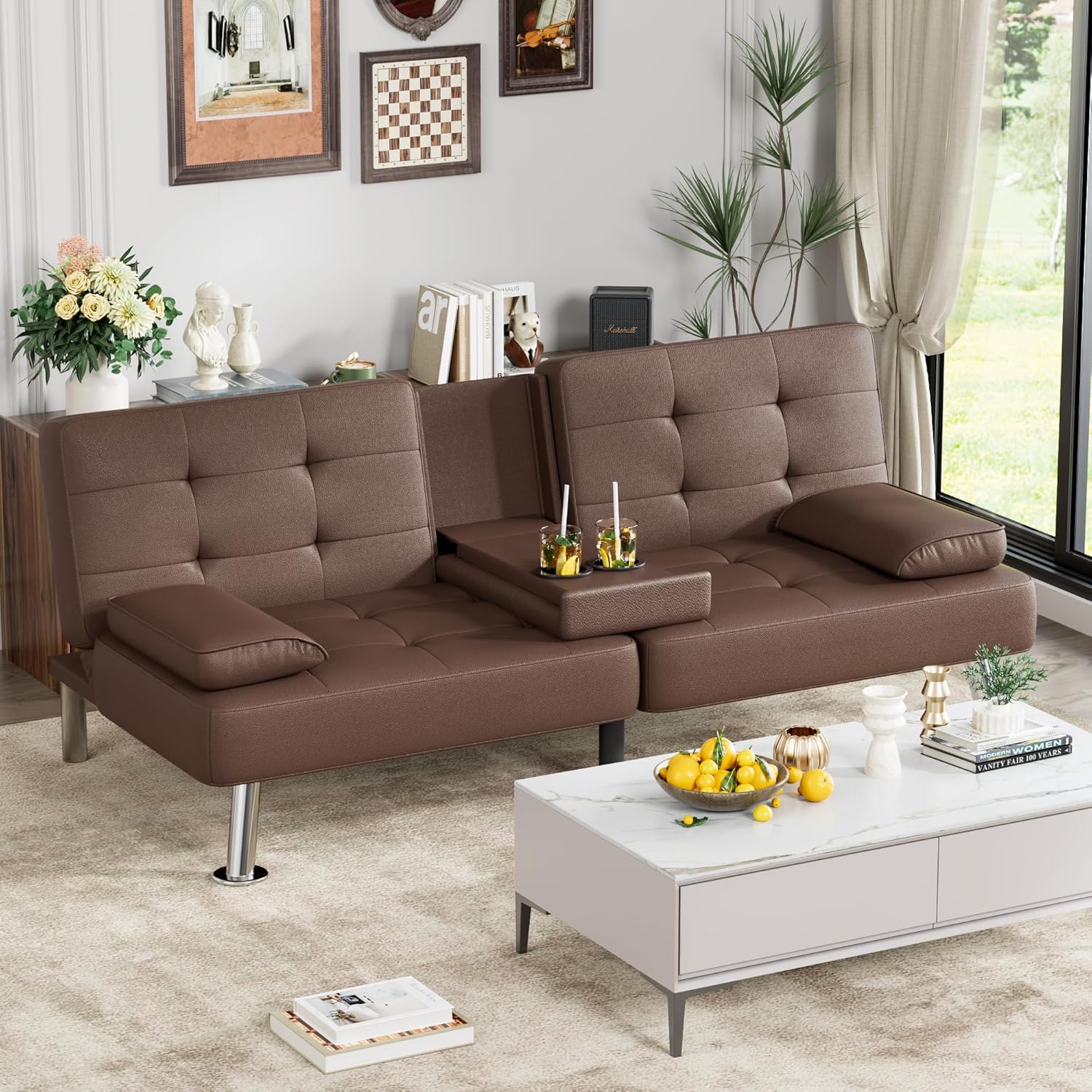 Homall Futon Sofa Bed Leather Futon Couch Removable Armrests Adjustable Recliner Sofa Bed