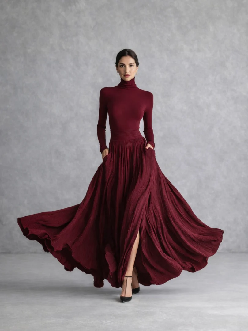 Women��s Black Maxi Dress Pleated Skirt Turtleneck Style