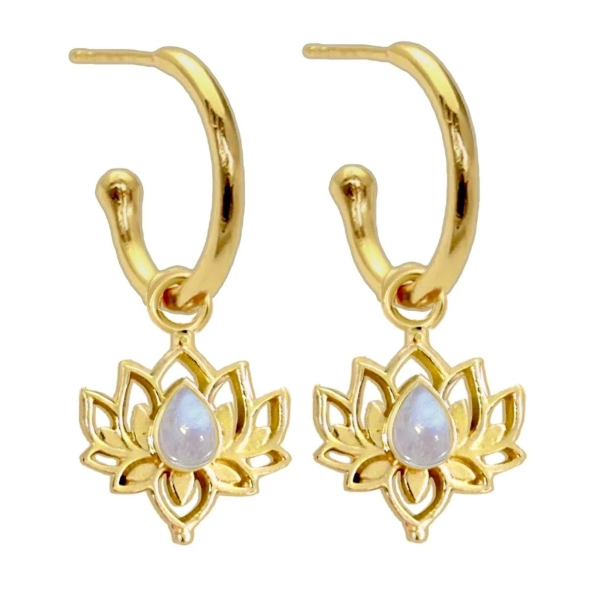 Laihas Opulent Lotus Flower Gold Moonstone Hoop Earrings