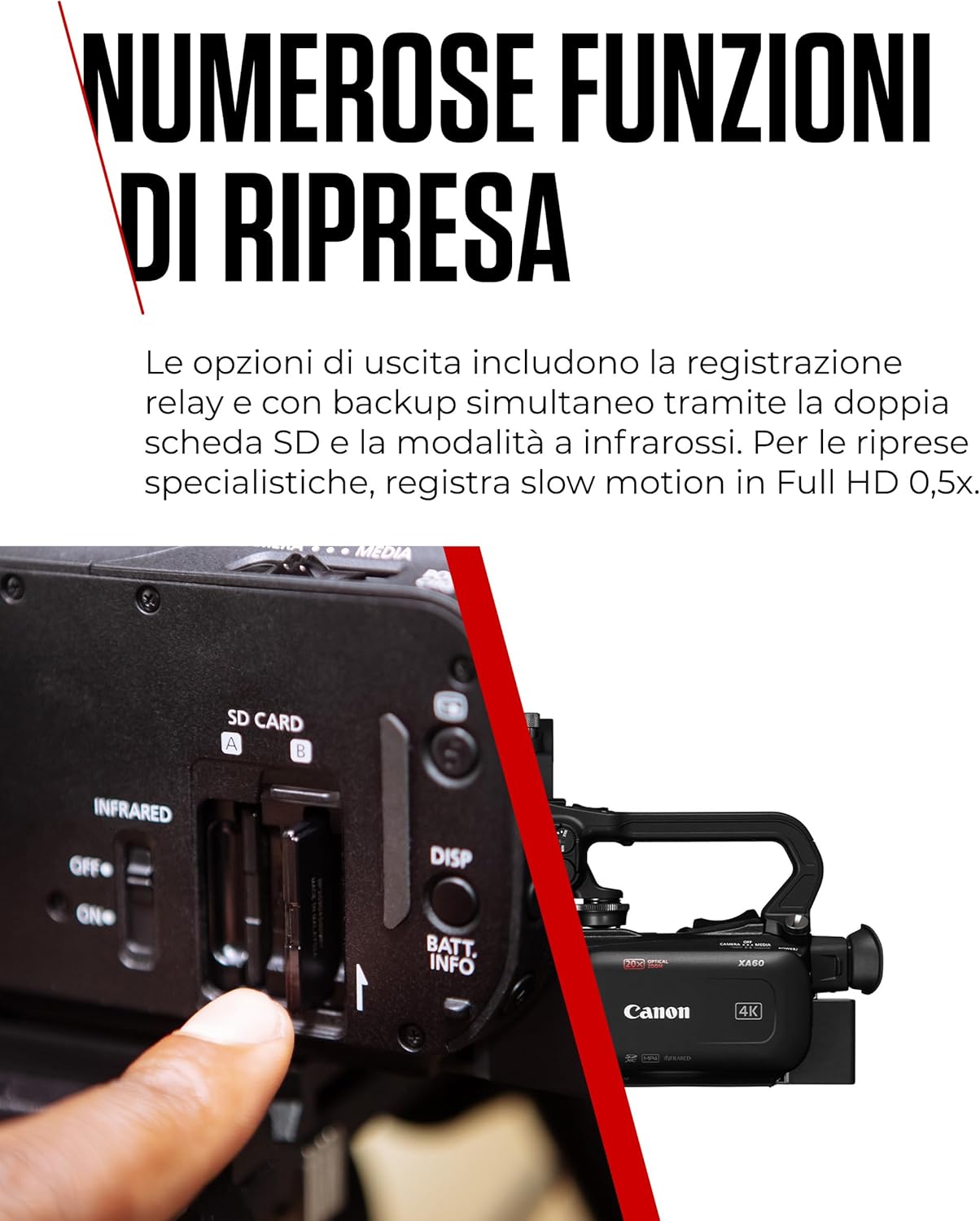 Canon XA60 - Videocamera 4K Professionale con Messa a Fuoco Automatica, Zoom Ottico 20x, Stabilizzazione a 5 Assi, Uscita HDMI e Streaming Live HD via USB-C